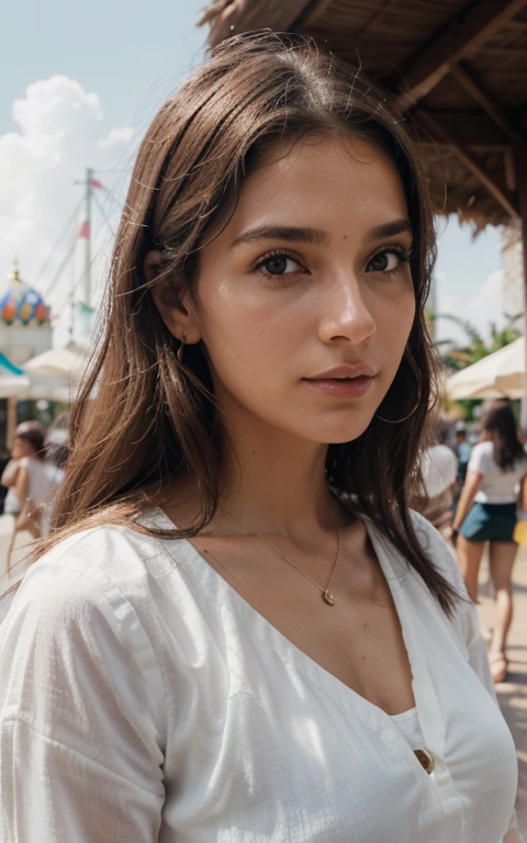 1 mulher, para cima do rosto, mamas do miolo, cabelos castanhos claros, franja contundente, hair behind ear, cabelo sobre o ombro, cabelos longos, forma do corpo esbelta, Rosto Ultra Fino, rosto fino, delicate lips, Olhos bonitos, blush fino, eyes are light brown, pele brilhante perfeita, flawless skin, suor cintilante,Veja aqui, Ultra-thin hands, Dedos ultrafinos, best ratio four finger and one thumb, (realisitic:1.3), Blusa branca transparente. an amusement park, Ponto de vista de uma pessoa, Fuji Filme, F/1.2, 8k, masutepiece, NFFSW, Super Detalhe, alta qualidade, melhor qualidade, alta resolução