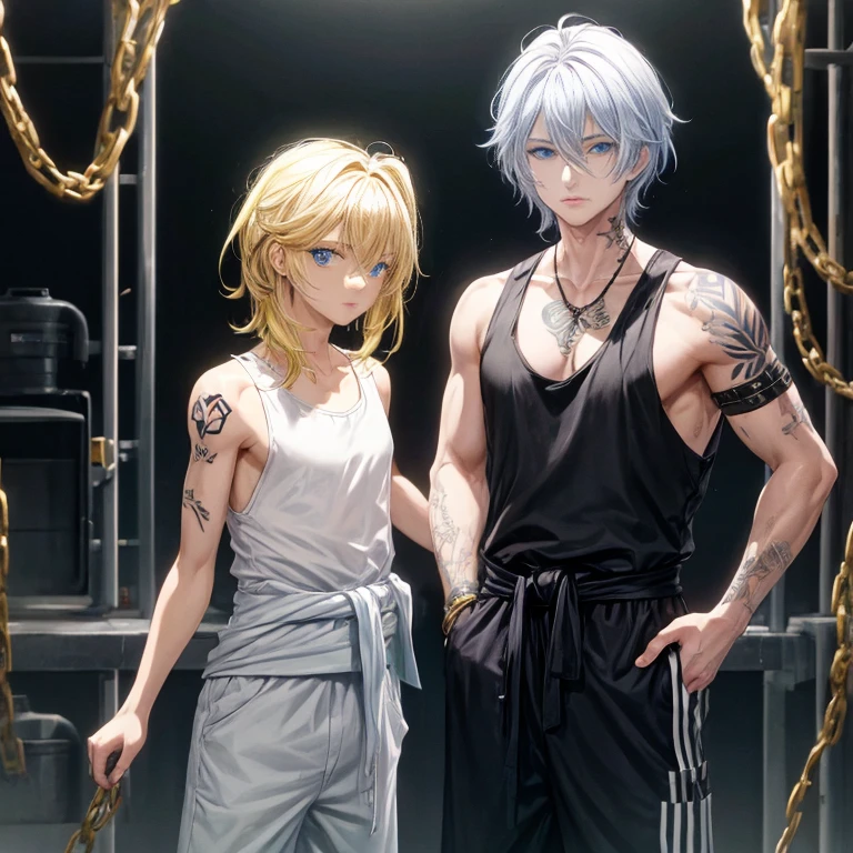 Male prisoner, blond hair, blue eyes, masculine, tank top, black and white prison jumpsuit tied around his waist, tattoos