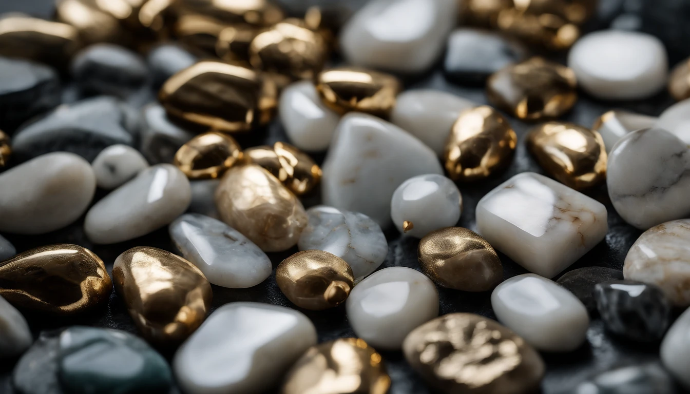 a top-down shot of a marble stone texture background, with semi-precious stones and gold elements scattered across the surface, creating an organic and visually dynamic composition, perfect for adding depth and interest to designs