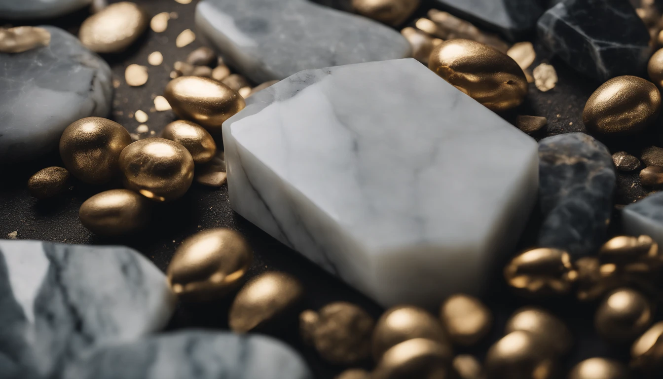 a top-down shot of a marble stone texture background, with semi-precious stones and gold elements scattered across the surface, creating an organic and visually dynamic composition, perfect for adding depth and interest to designs
