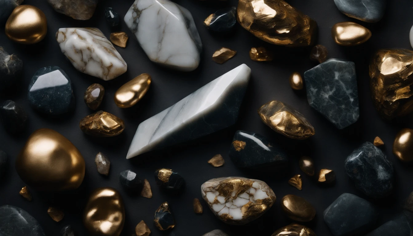 a top-down shot of a marble stone texture background, with semi-precious stones and gold elements scattered across the surface, creating an organic and visually dynamic composition, perfect for adding depth and interest to designs