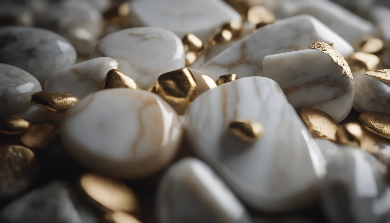 a high-resolution shot of a marble stone texture background, with clusters or inlays of semi-precious stones and gold elements, creating a visually stunning and exquisite composition, perfect for high-end design projects