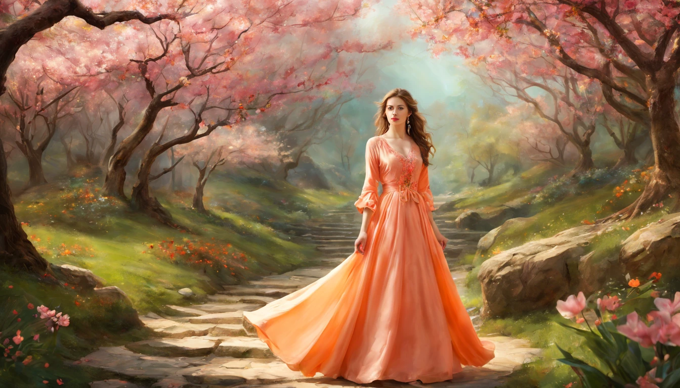 1 girl "Cate Austencom vestido Laranja longo", pintura: Spring is colorful, com uma flor vermelha destacando-se entre as demais. Jardim encantado, fantasy gorgeous lighting, paisagem natural noturna, enchanted magical fantasy forest. Peach Blossom Land, heaven, Jogo CG, Hand Painted Style, 8k, Ultra HD.