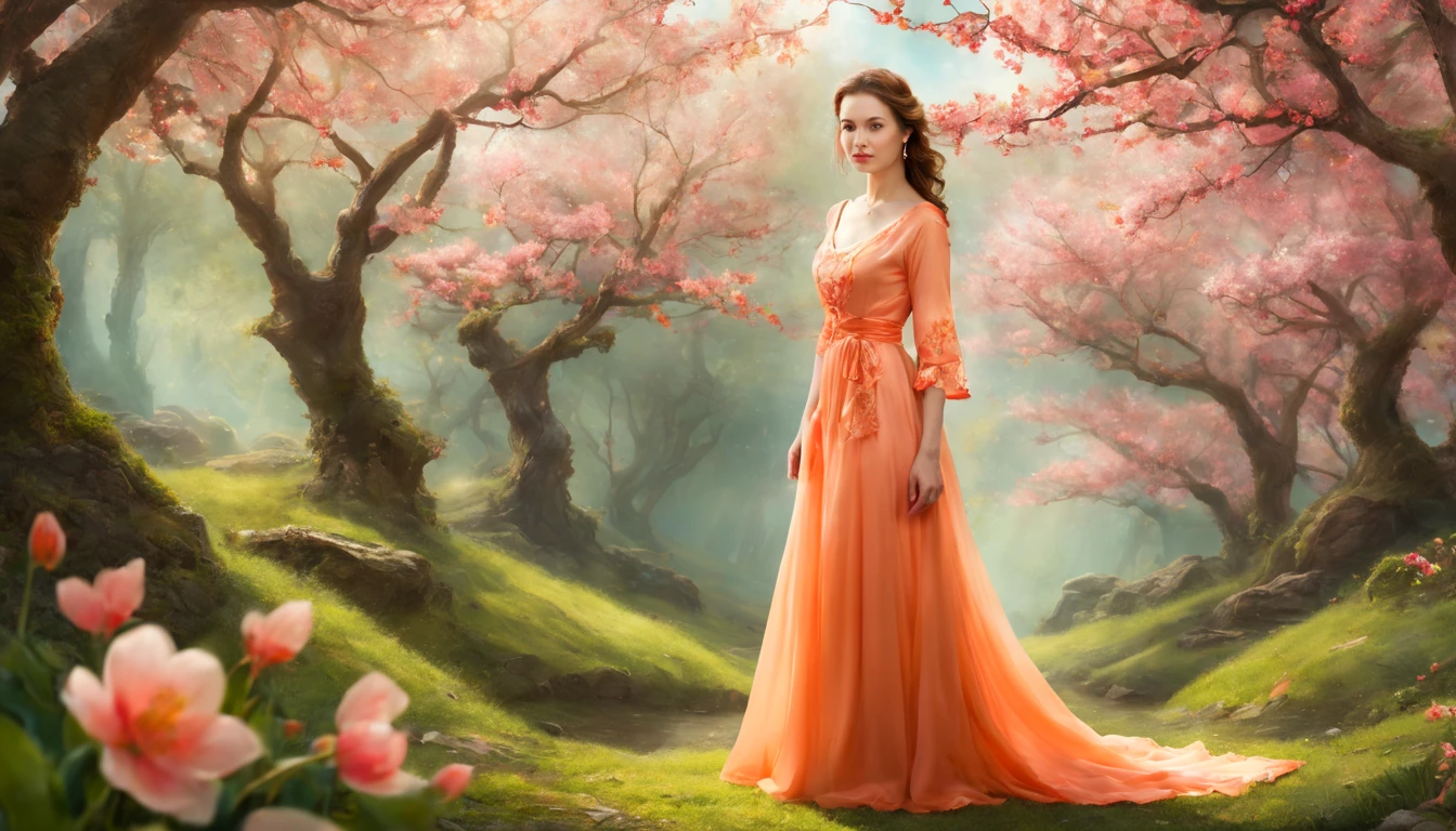 1 girl "Cate Austencom vestido Laranja longo", pintura: Spring is colorful, com uma flor vermelha destacando-se entre as demais. Jardim encantado, fantasy gorgeous lighting, paisagem natural noturna, enchanted magical fantasy forest. Peach Blossom Land, heaven, Jogo CG, Hand Painted Style, 8k, Ultra HD.