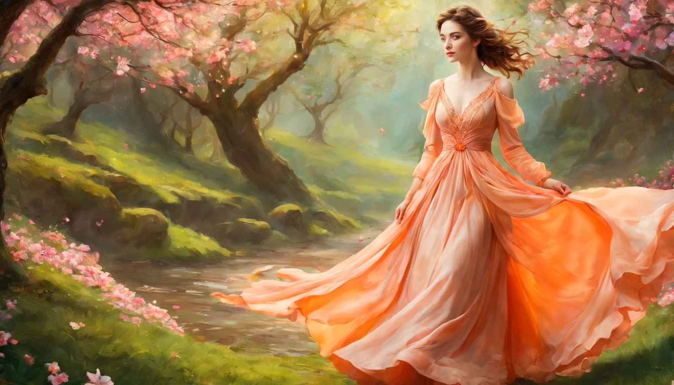 1 girl "Cate Austencom vestido Laranja longo", pintura: Spring is colorful, com uma flor vermelha destacando-se entre as demais. Jardim encantado, fantasy gorgeous lighting, paisagem natural noturna, enchanted magical fantasy forest. Peach Blossom Land, heaven, Jogo CG, Hand Painted Style, 8k, Ultra HD.