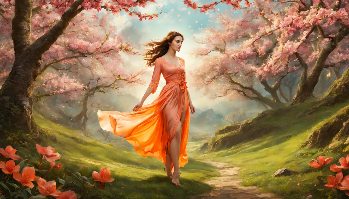 1 girl "Cate Austencom vestido Laranja longo", pintura: Spring is colorful, com uma flor vermelha destacando-se entre as demais. Jardim encantado, fantasy gorgeous lighting, paisagem natural noturna, enchanted magical fantasy forest. Peach Blossom Land, heaven, Jogo CG, Hand Painted Style, 8k, Ultra HD.