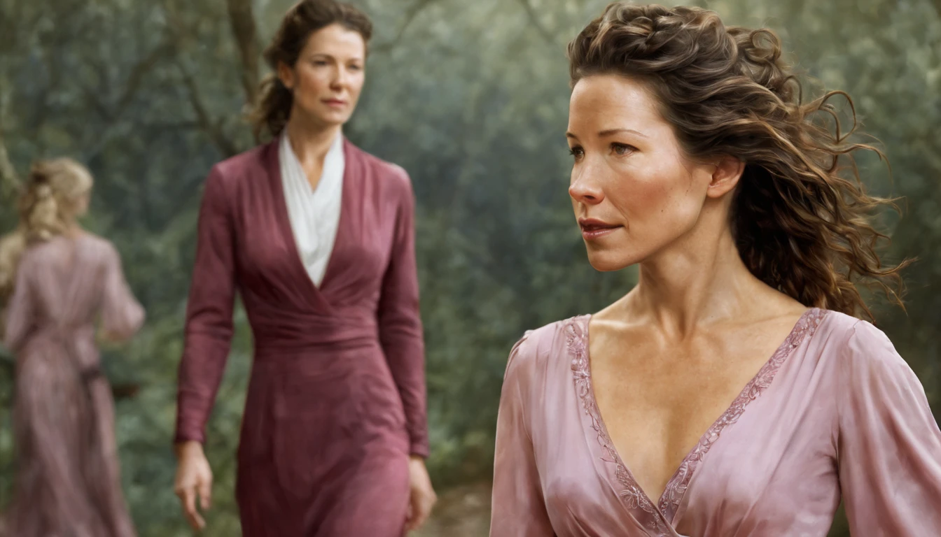 1 girl "Kate Austen com vestido longo Vinho", pintura: (obra-prima, best illustration, Sem humanos), fundo realista, Quioto , semi realista, dreamscape, award-winning masterpiece with incredible detail, liminal space, altamente detalhado, Toronto, cinemactic, Rim lighting, octan render, WVEBG1, BgAniDusk, pixel, Pixel Art,(folhagem rosa)