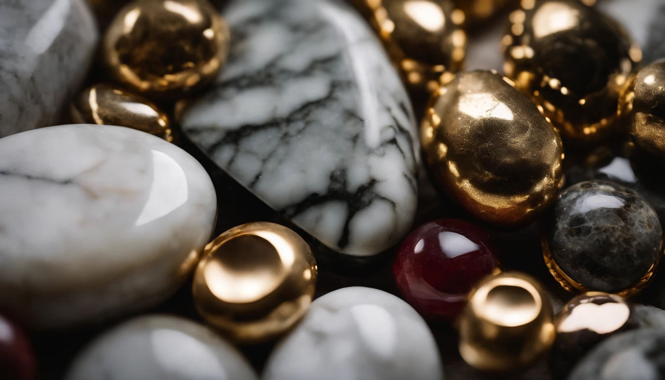 an abstract shot of a marble stone texture background, with semi-precious stones and gold elements intertwined and overlapping, creating a visually intriguing and dynamic composition, perfect for adding visual interest to designs