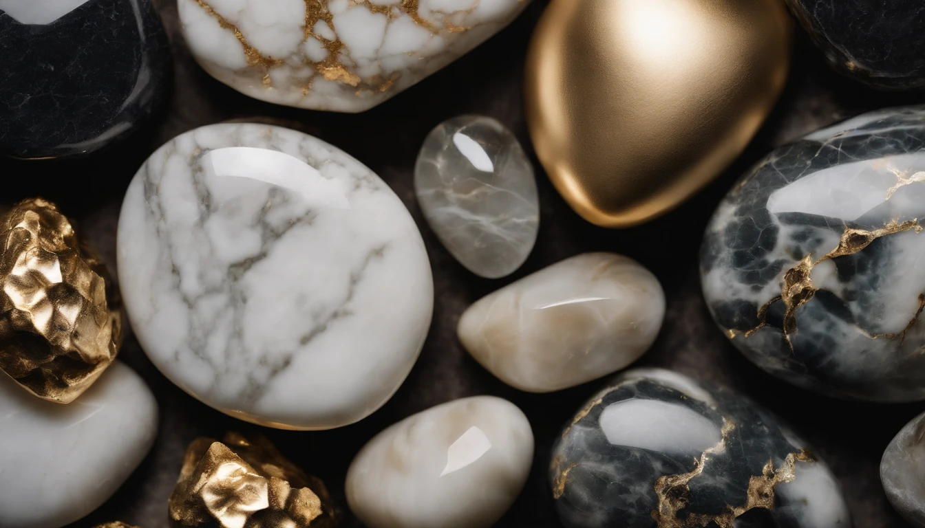 an abstract shot of a marble stone texture background, with semi-precious stones and gold elements intertwined and overlapping, creating a visually intriguing and dynamic composition, perfect for adding visual interest to designs