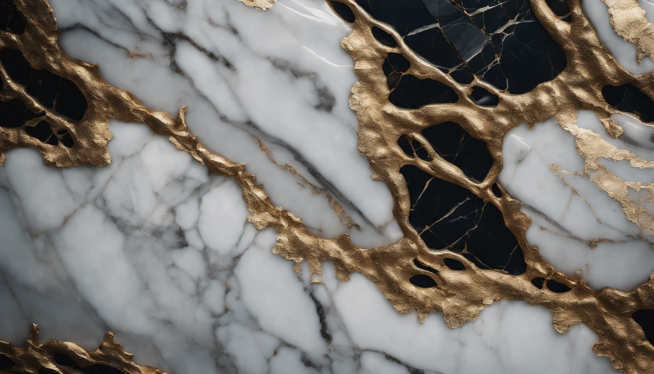 an abstract shot of a marble stone texture background, with semi-precious stones and gold elements intertwined and overlapping, creating a visually intriguing and dynamic composition, perfect for adding visual interest to designs