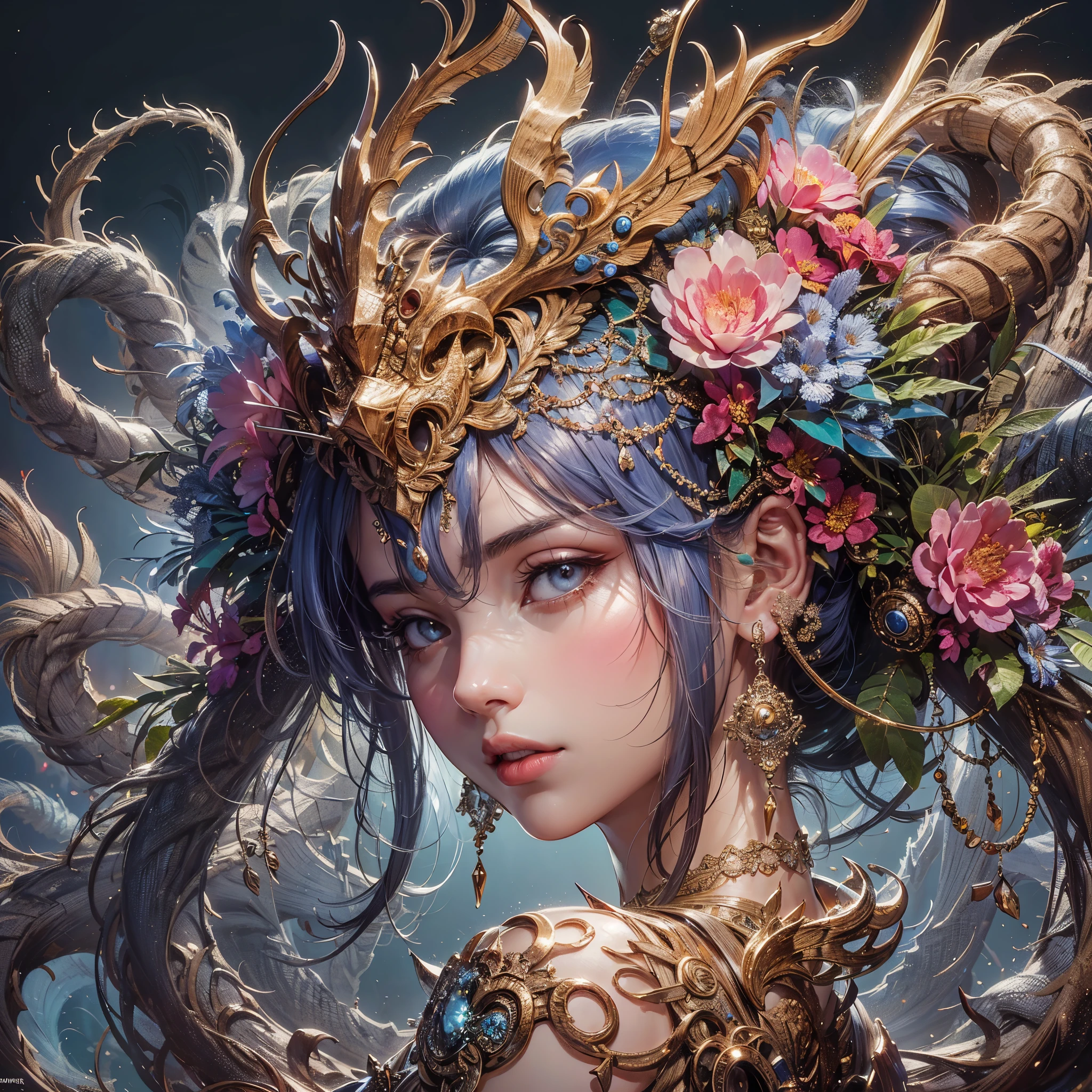 a woman with large breast with a dragon headdress and flowers in her hair, goddess. extremely high detail, 4k highly detailed digital art, extremely detailed goddess shot, intricate ornate anime cgi style, detailed fantasy digital art, great digital art with details, intricate digital painting, 4 k highly detailed art, karol bak uhd, gorgeous digital art, ultra detailed color art, masterpiece, best quality:1.2),,(8k,highres,RAW photo,realistic,photo-realistic:1.3),(detailed skin texture,detailed cloth texture,beautiful detailed face:1.25),professional lighting,photon mapping,beautiful soft light,radiosity,physically-based rendering,raytracing, model shoot style, model shoot style, (extremely detailed CG unity 8k wallpaper), full shot body photo of the most beautiful artwork in the world,