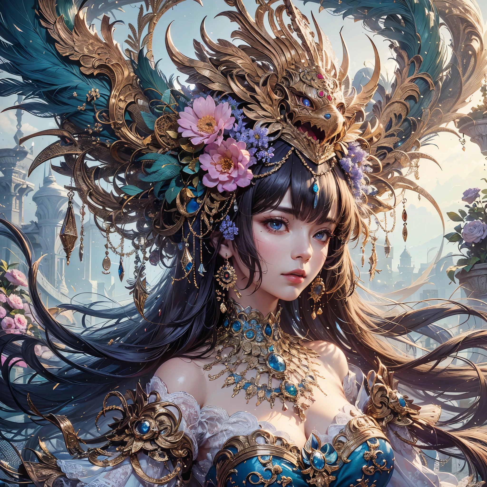 a woman with large breast with a dragon headdress and flowers in her hair, goddess. extremely high detail, 4k highly detailed digital art, extremely detailed goddess shot, intricate ornate anime cgi style, detailed fantasy digital art, great digital art with details, intricate digital painting, 4 k highly detailed art, karol bak uhd, gorgeous digital art, ultra detailed color art, masterpiece, best quality:1.2),,(8k,highres,RAW photo,realistic,photo-realistic:1.3),(detailed skin texture,detailed cloth texture,beautiful detailed face:1.25),professional lighting,photon mapping,beautiful soft light,radiosity,physically-based rendering,raytracing, model shoot style, model shoot style, (extremely detailed CG unity 8k wallpaper), full shot body photo of the most beautiful artwork in the world,