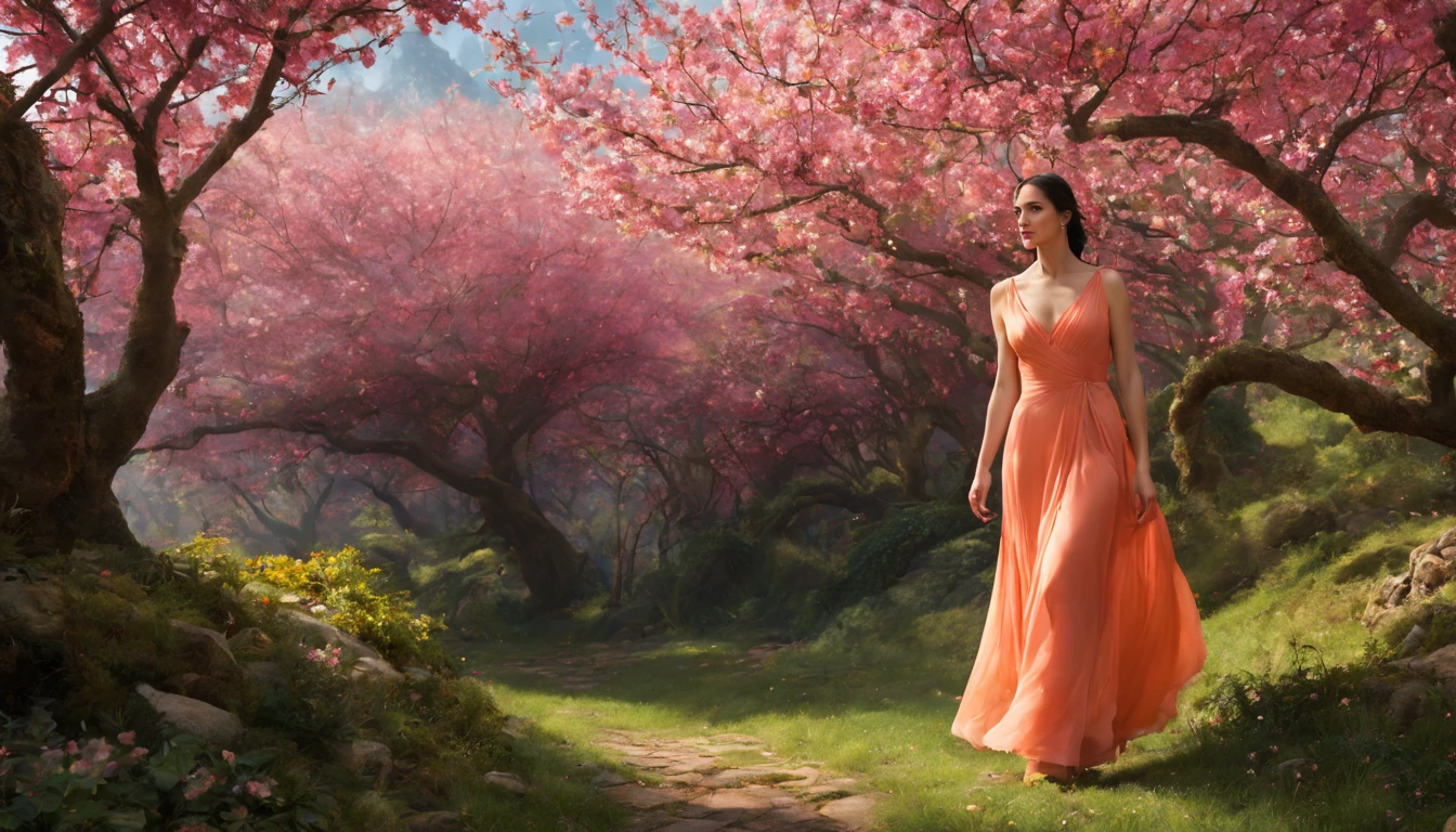 1 girl "Jennifer Connelly com vestido Laranja longo", pintura: Spring is colorful, com uma flor vermelha destacando-se entre as demais. Jardim encantado, fantasy gorgeous lighting, paisagem natural noturna, enchanted magical fantasy forest. Peach Blossom Land, heaven, Jogo CG, Hand Painted Style, 8k, Ultra HD |.