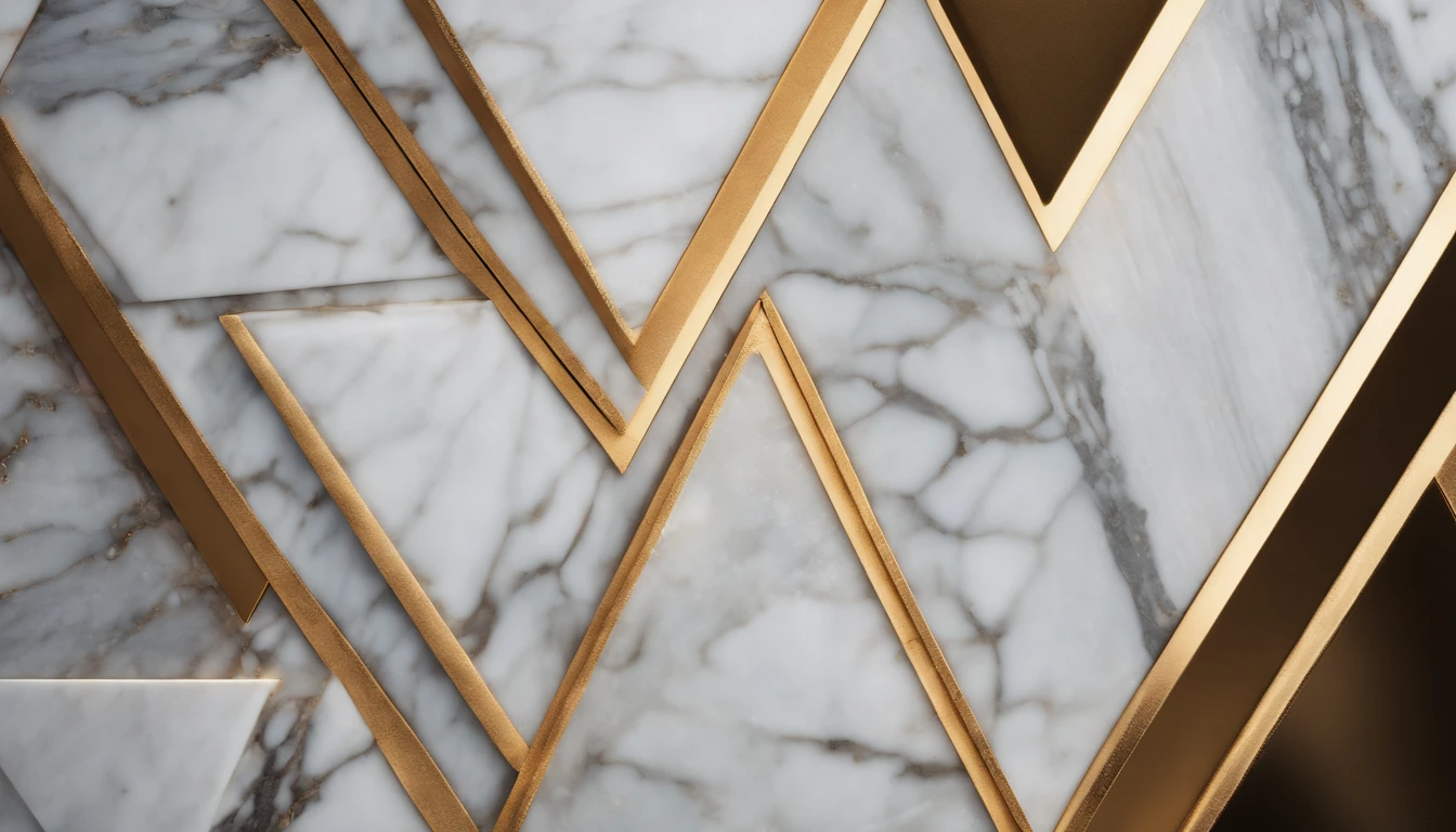 a high-angle shot of a marble stone texture background, with semi-precious stones and gold elements arranged in a symmetrical or geometric pattern, creating a visually pleasing and balanced composition, ideal for formal and elegant designs