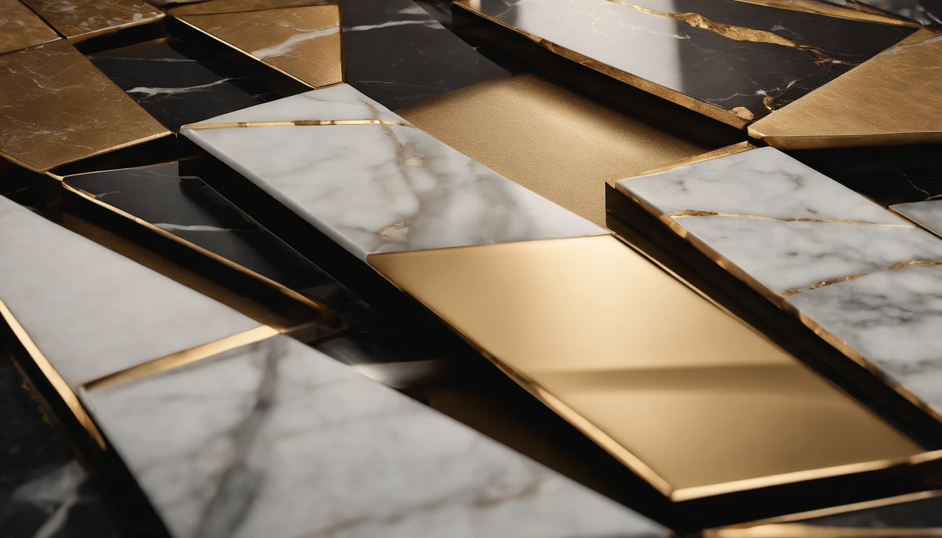 a high-angle shot of a marble stone texture background, with semi-precious stones and gold elements arranged in a symmetrical or geometric pattern, creating a visually pleasing and balanced composition, ideal for formal and elegant designs