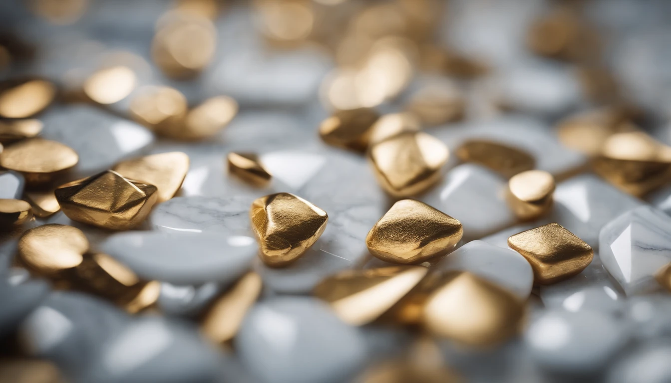 a high-angle shot of a marble stone texture background, with semi-precious stones and gold elements arranged in a symmetrical or geometric pattern, creating a visually pleasing and balanced composition, ideal for formal and elegant designs