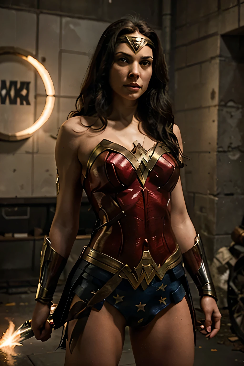 Escreva um conto sobre a Mulher Maravilha, the iconic DC Comics superhero. Include your origin story, Poderes, and a memorable battle she fought. The story should capture the essence of your character and the impact she had as a symbol of strength and justice..
Your clothes are torn, and with part of her breasts exposed, ela ainda parece imponente e a vencedora da batalha.