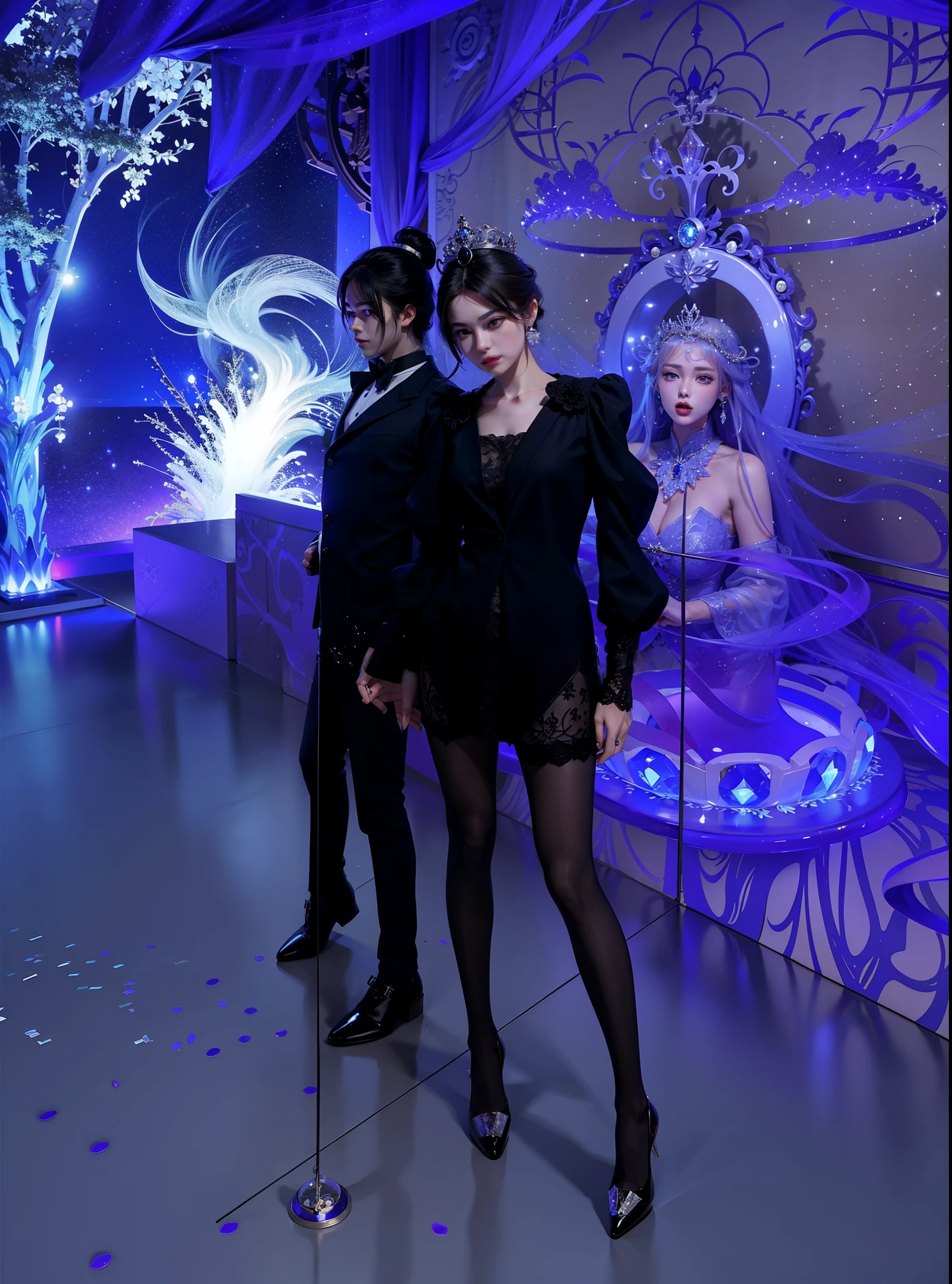 Imperial sister，詳細な目，Snow Queen，put the crown on your head，Detailed facial expressions，Ripe body，Tall figure，the number，legs long，4K，k hd，fleshy feeling，White translucent lace，白皙Plump body，Nice face，Cherry small mouth，beautiful and delicious（3D royal sister），Plump body，gloss gel coat，gorgeously dressed queen，Gem Diamond Crown，Galaxy River
