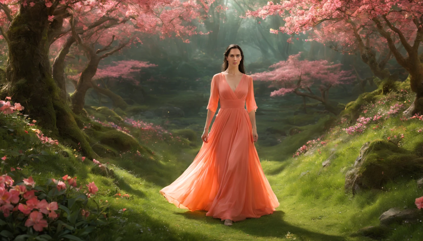 1 girl "Jennifer Connelly com vestido Laranja longo", pintura: Spring is colorful, com uma flor vermelha destacando-se entre as demais. Jardim encantado, fantasy gorgeous lighting, paisagem natural noturna, enchanted magical fantasy forest. Peach Blossom Land, heaven, Jogo CG, Hand Painted Style, 8k, Ultra HD |.