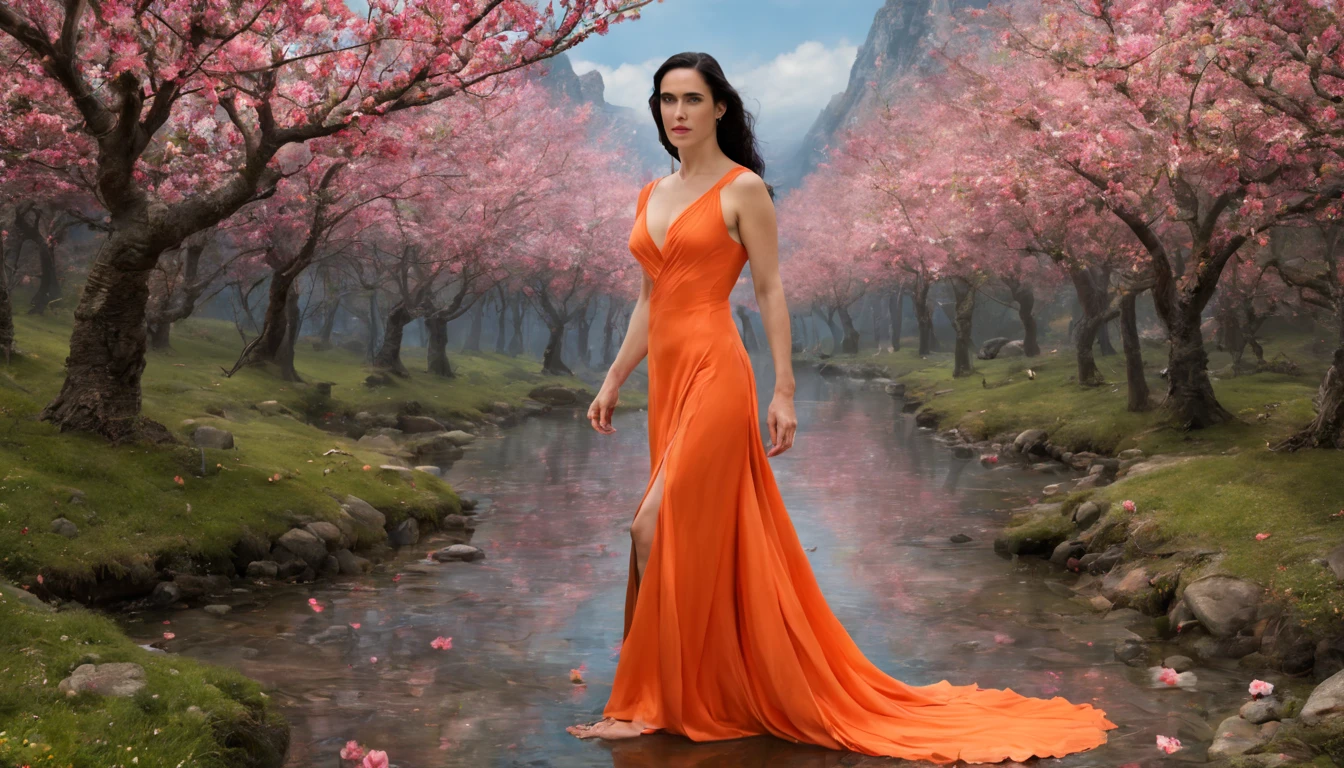 1 girl "Jennifer Connelly com vestido Laranja longo", pintura: Spring is colorful, com uma flor vermelha destacando-se entre as demais. Jardim encantado, fantasy gorgeous lighting, paisagem natural noturna, enchanted magical fantasy forest. Peach Blossom Land, heaven, Jogo CG, Hand Painted Style, 8k, Ultra HD |.