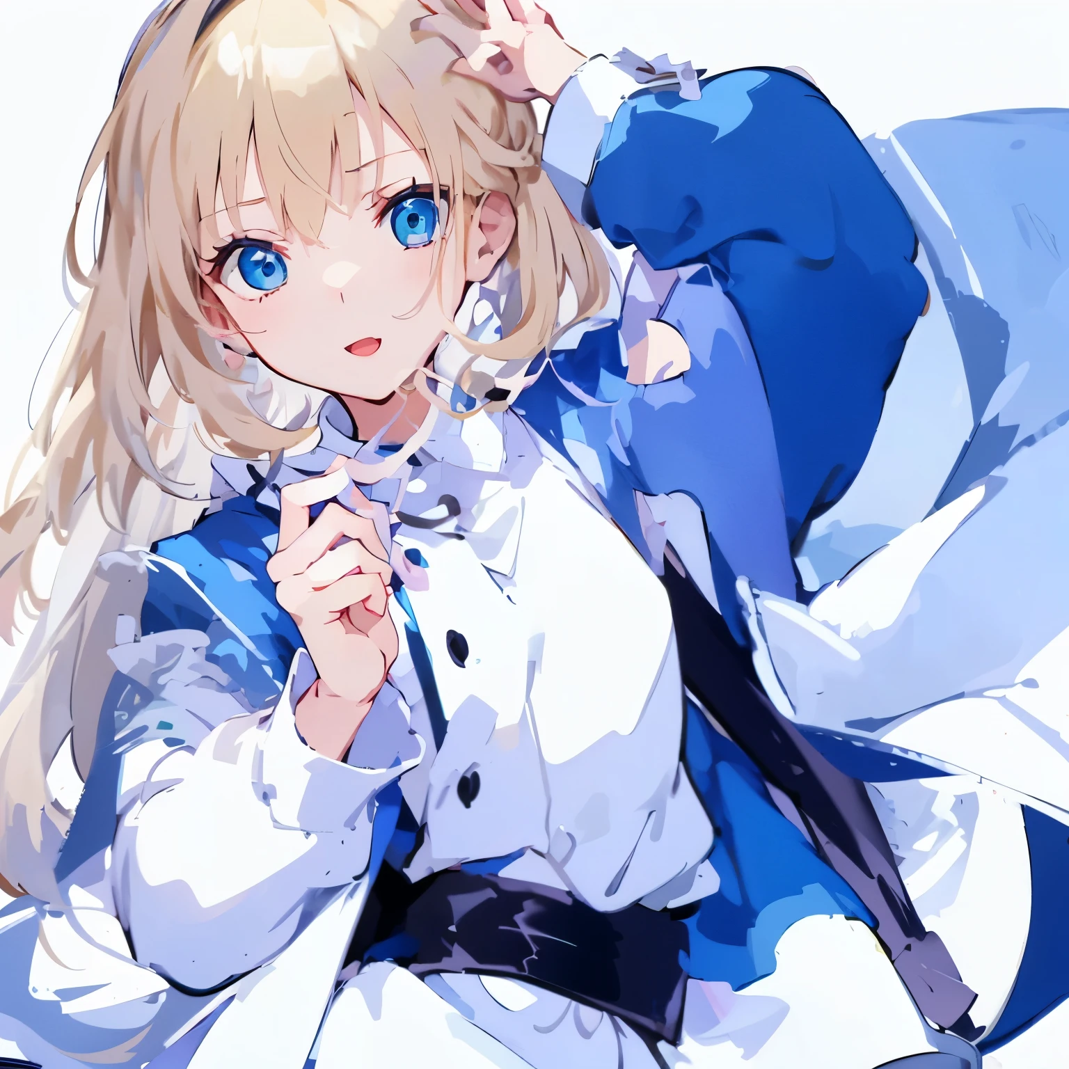 【Highest Quality, masutepiece】  [(1girl:1.5), expressioness, (blonde hair:1.5), long hair,Blue dress, (blue eyes:1.3), white legwear, apron, hairband ribbon, slender beauty, short stature ,shoes, short sleeves, saucer, black footwear, Upper body] (Gray white background:1.3),smile