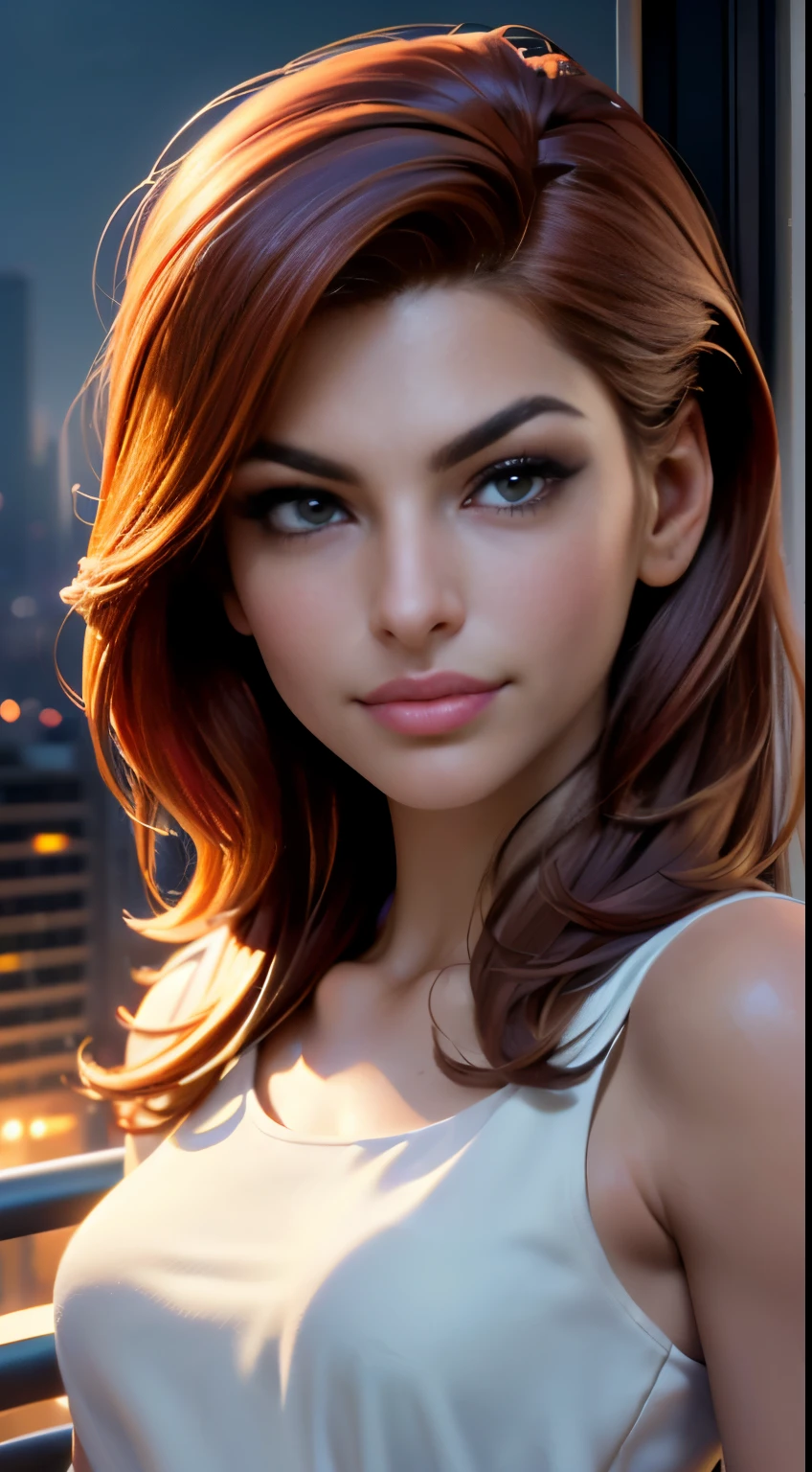 photo of Eva Mendes, RAW, beautiful woman, ((portrait)), ((detailed face:1.2)), ((detailed facial feature, detailed tannedskin, clear skin), (perfect proportioned body), (wearing a colorful dress) (high detailed city environment, apartment balcony), (realistic photo, best quality, detailed), (8k wallpaper), (cinematic lighting, dramatic lighting) (sharp focus, intricate)