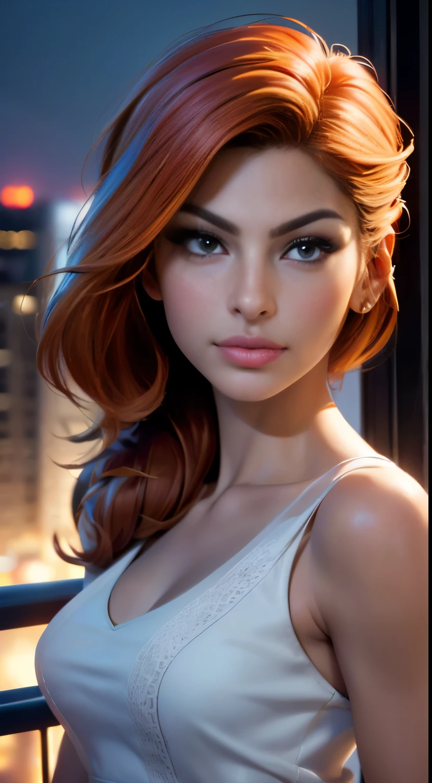 photo of Eva Mendes, RAW, beautiful woman, ((portrait)), ((detailed face:1.2)), ((detailed facial feature, detailed tannedskin, clear skin), (perfect proportioned body), (wearing a colorful dress) (high detailed city environment, apartment balcony), (realistic photo, best quality, detailed), (8k wallpaper), (cinematic lighting, dramatic lighting) (sharp focus, intricate)