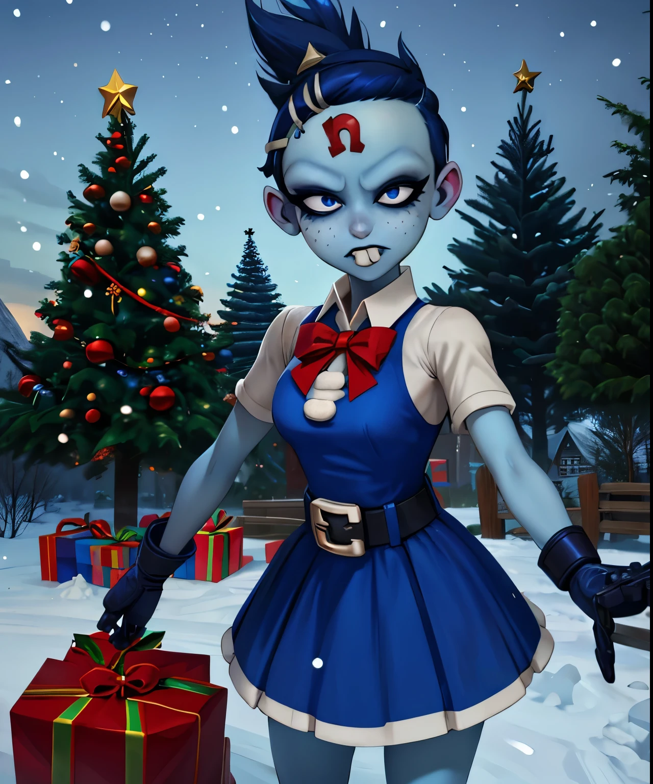 Nina,blue eyes,forehead jewel,blue skin,buck teeth,short blue hair,hairclip, short sleeves,skirt, standing upper body, night,Christmas hat, Christmas outfit,  snow falling , Christmas tree, outdoors (insanely detailed, beautiful detailed face, masterpiece, best quality)solo,