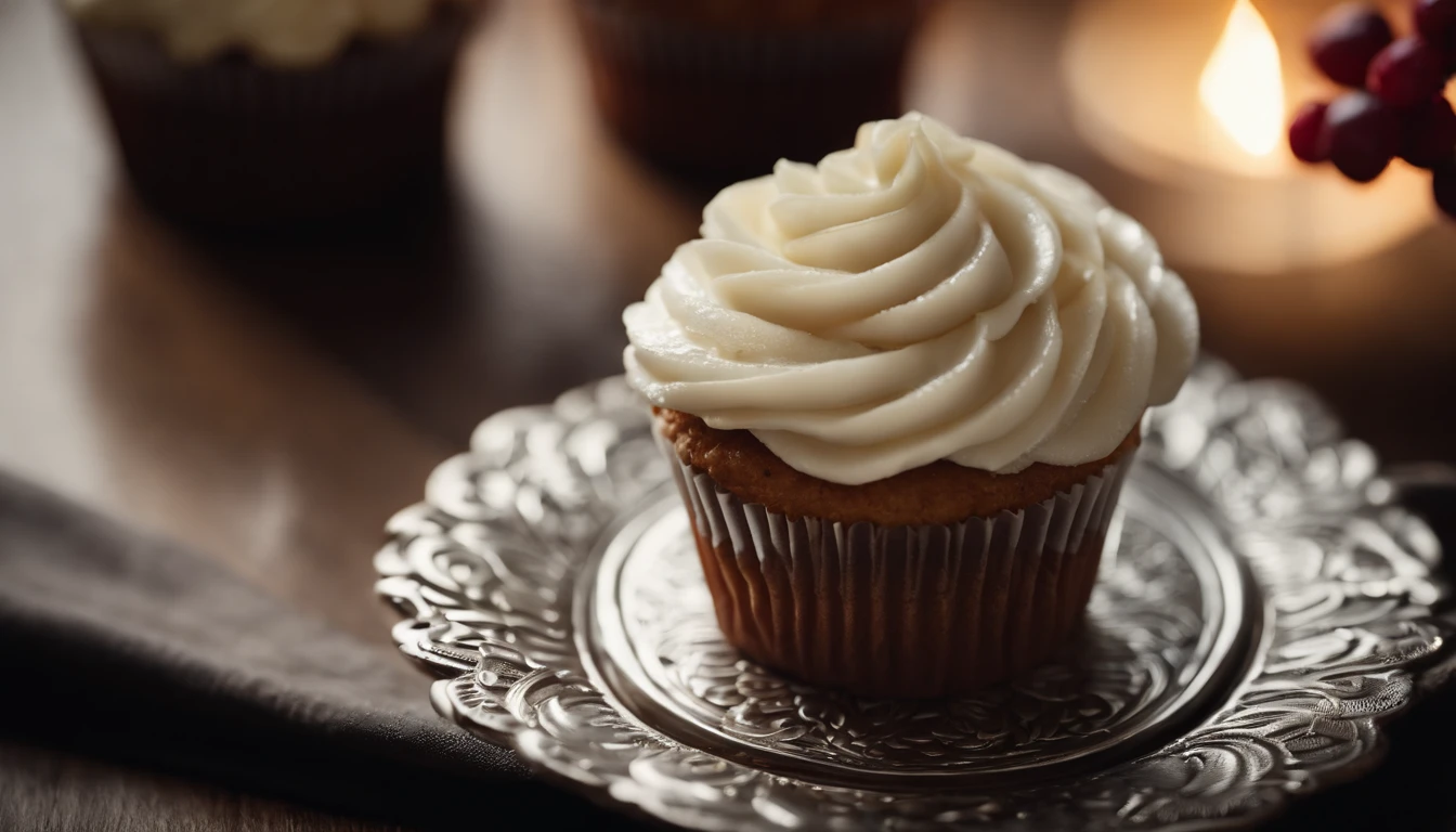 a detail shot of a perfectly frosted cupcake, showcasing the intricate piping work and decorative elements that make it a visually appealing and sweet snack