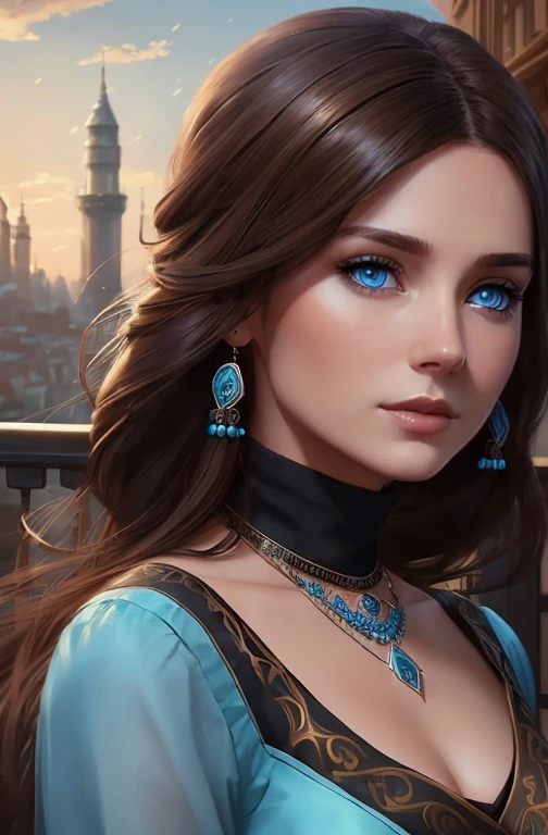 ((A woman with light blue eyes and brown hair wearing a modest black dress and jewelry)), standing with in the city, hair with many details, 8k artgerm bokeh, fanart best artstation, render photorealistic, guweiz-style art, inspired by WLOP, ig model | artgerm, detailed waist up portrait, stunning wait up portrait of realistic face, beautiful waist up portrait, deviantart artstation cgscosiety, cinematic realistic portrait, high quality portrait, elegant digital painting, photorealistic artstyle, ((city background))