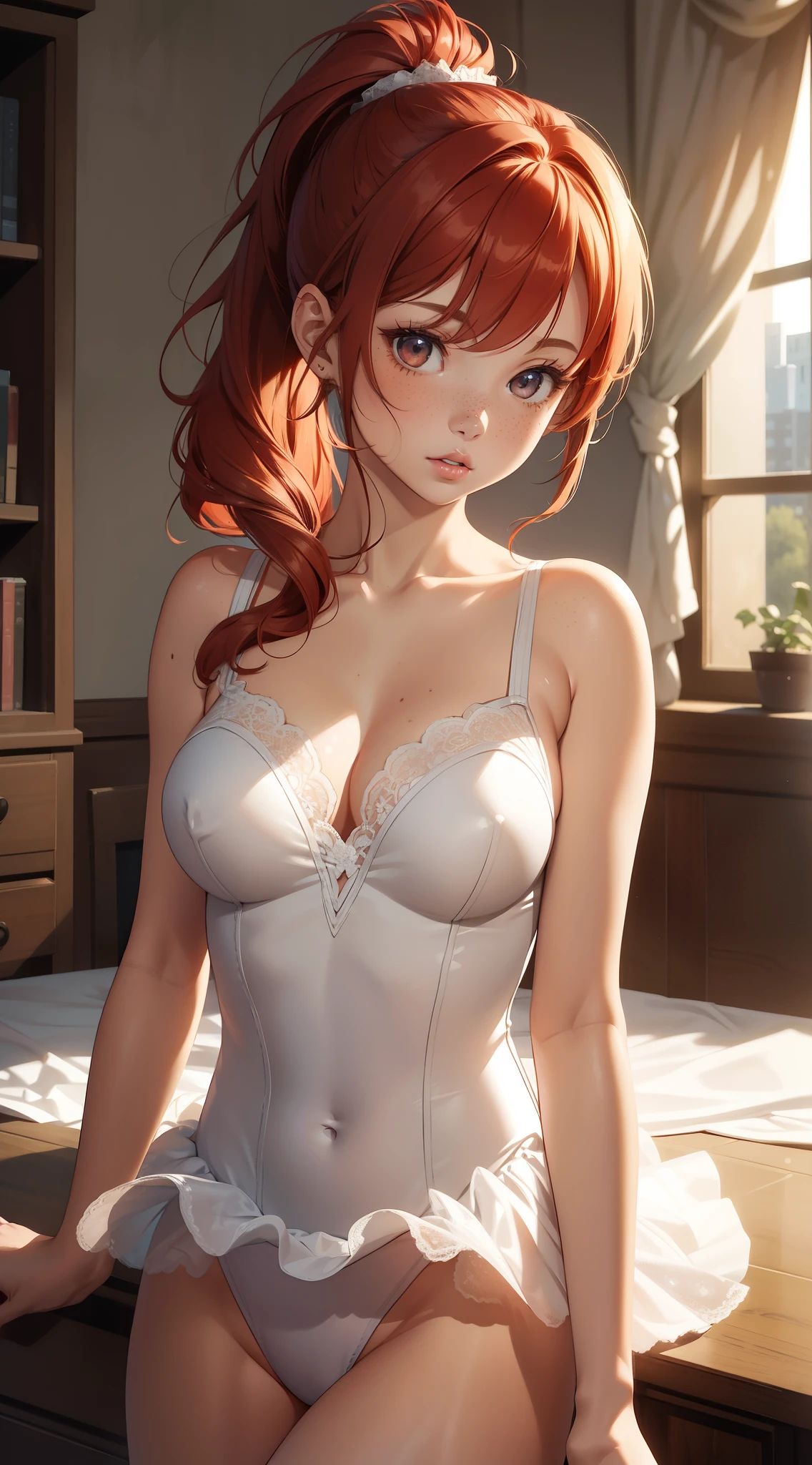 1girl, natural lighting, masterpiece, highly detailed, illustration, game CG, absurdres, high quality, medium breasts, redhead, lightly curled hair, ponytail, freckles, glossy lips, looking at viewer, lips parted, collarbone, ballerina, sleeveless leotard, (tutu)