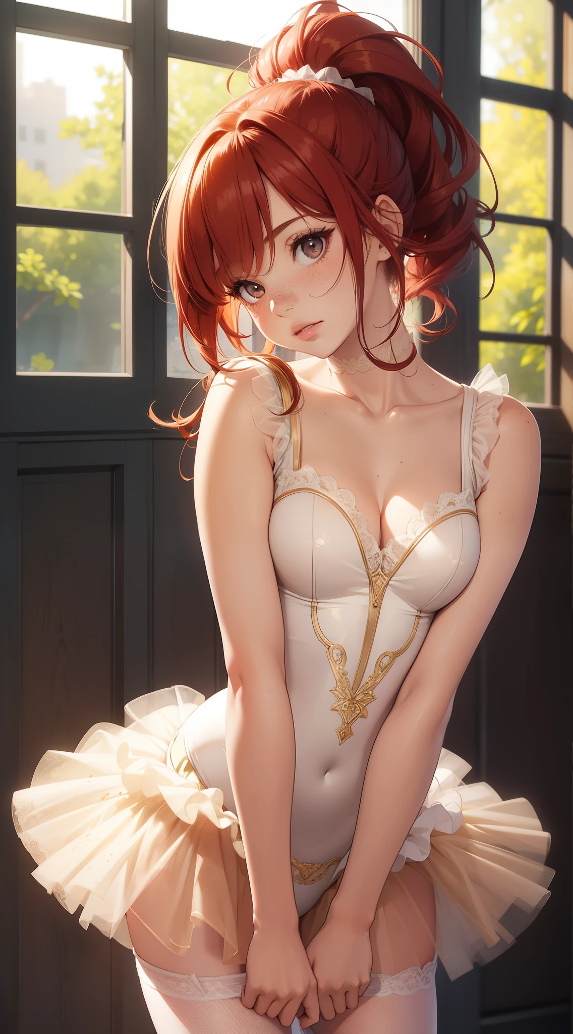 1girl, natural lighting, masterpiece, highly detailed, illustration, game CG, absurdres, high quality, medium breasts, redhead, lightly curled hair, ponytail, freckles, glossy lips, looking at viewer, lips parted, collarbone, ballerina, sleeveless leotard, (tutu)