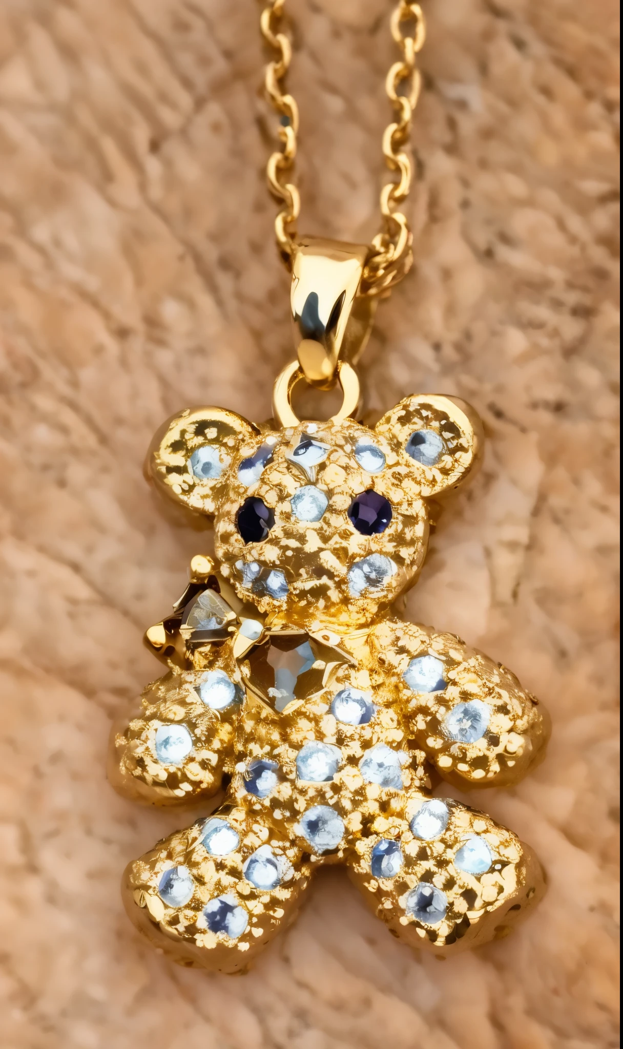 a close up of a person holding a gold toy bear with a pink bow, mini bear, gilded with gold, It's set with sparkling gemstones, 20k, 24k, 3 2 k, 32K, toy bear, golden jewelery, Close-up, very cute features, close up - view, duration, detailed zoom photo, close up!!, golden necklace