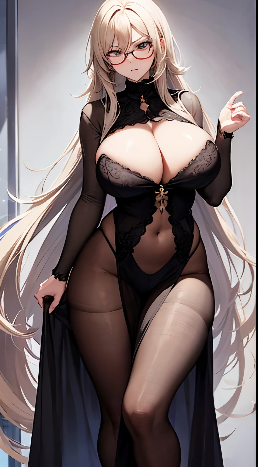 1 milf, long hair, very big breasts, very sexy body, wearing a glasses, angry face, using a negligee