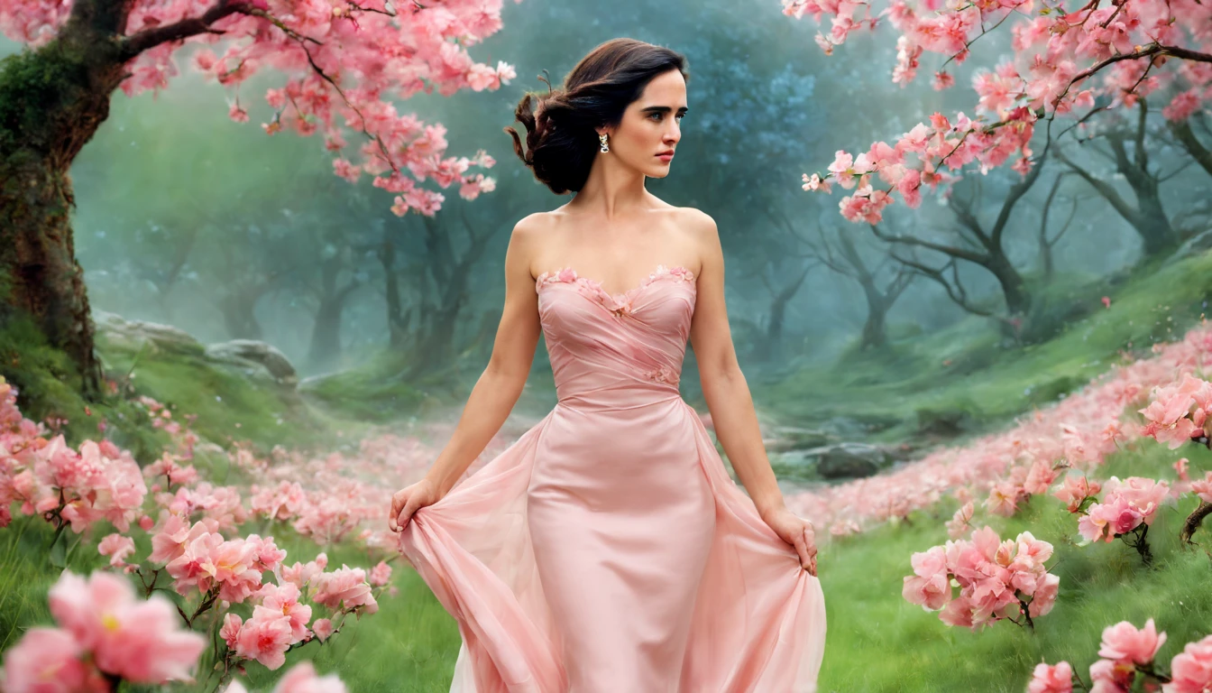 1 girl "Jennifer Connelly com vestido Rosa longo", pintura: Spring is colorful, com uma flor vermelha destacando-se entre as demais. Jardim encantado, fantasy gorgeous lighting, paisagem natural noturna, enchanted magical fantasy forest. Peach Blossom Land, heaven, Jogo CG, Hand Painted Style, 8k, Ultra HD |.