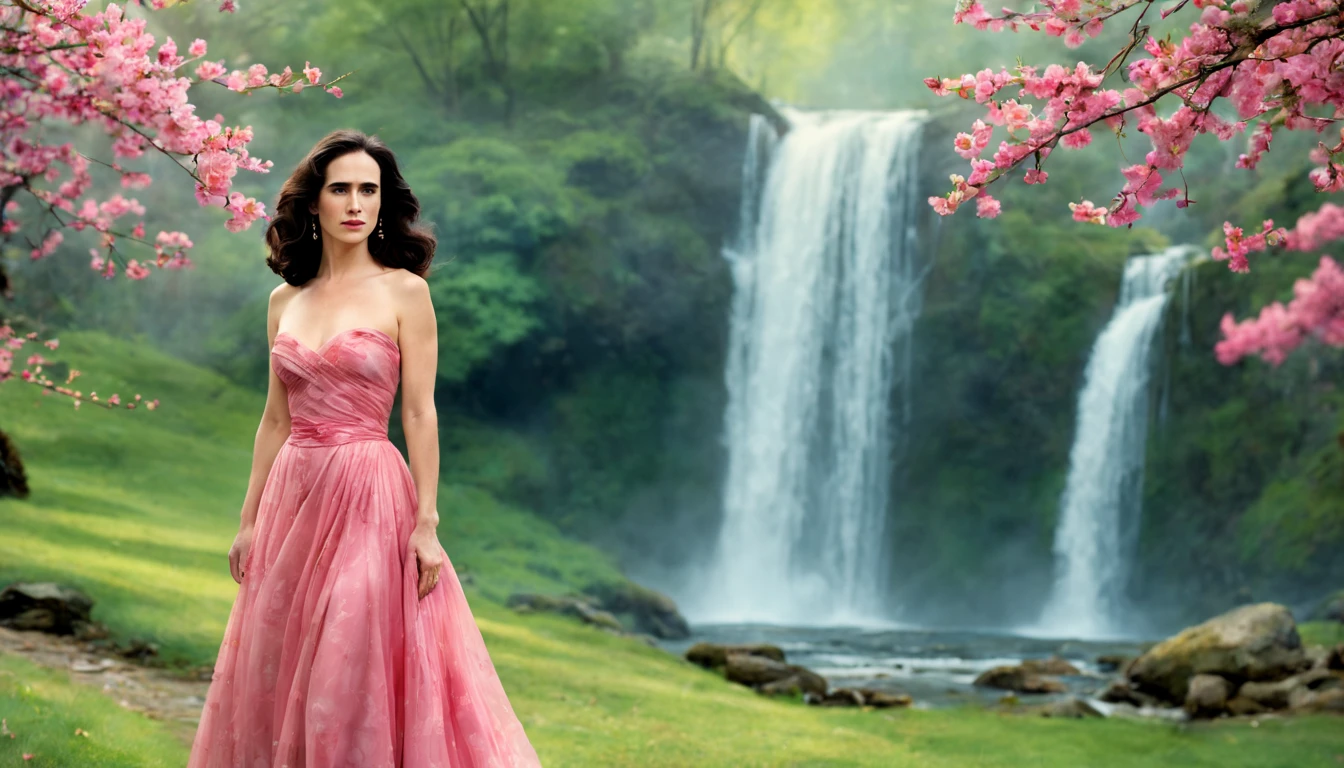 1 girl "Jennifer Connelly com vestido Rosa longo", pintura: Spring is colorful, com uma flor vermelha destacando-se entre as demais. Jardim encantado, fantasy gorgeous lighting, paisagem natural noturna, enchanted magical fantasy forest. Peach Blossom Land, heaven, Jogo CG, Hand Painted Style, 8k, Ultra HD |.