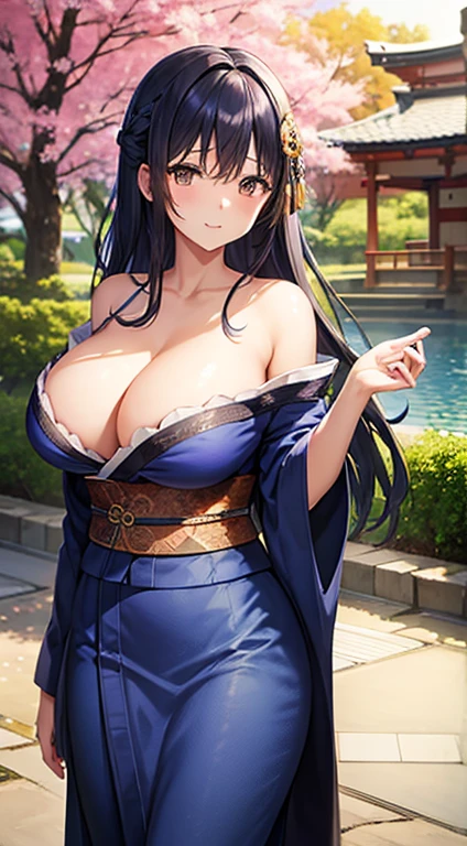 Indigo hair、Brown eyes、Blue kimono、Beautiful woman with big breasts、Japan garden in the background、A slightly fluffy kimono、