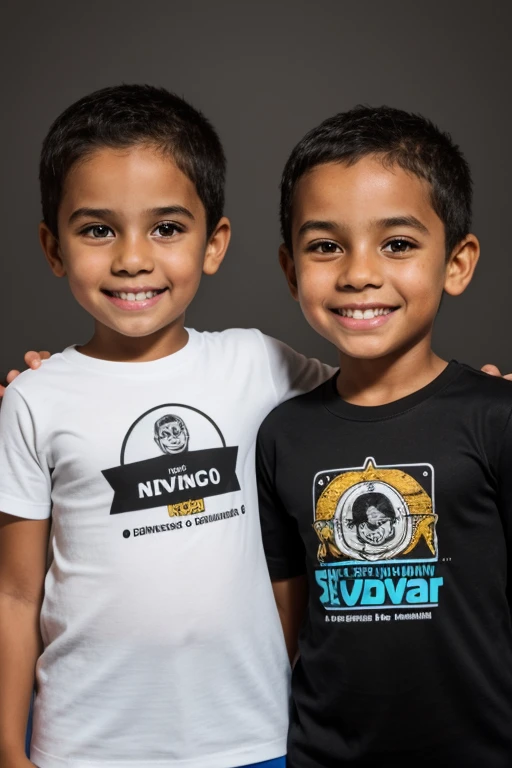two children, s negros, dez anos, vestindo camiseta branca, imagem de meio corpo, background branco, sorridentes, dentes perfeitos, camera lente 18mm