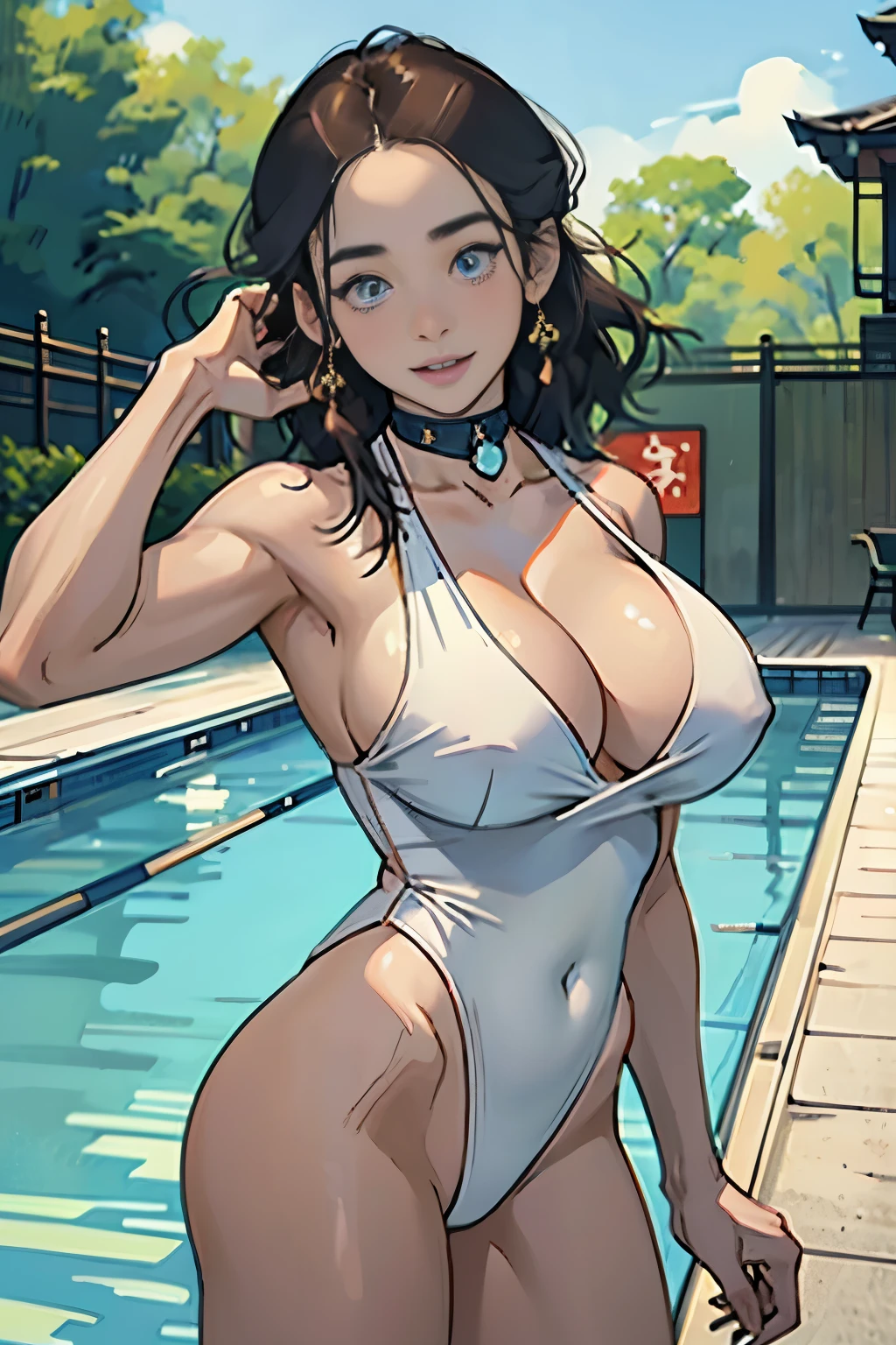 ⦅Night Pool⦆、chee、in poolside、(Dynamic pose Agidare pose、Body twisting pose、masutepiece, Best Quality, finely detail, hight resolution, in 8K, Perfect dynamic composition, Beautiful detailed eyes, ⦅Competitive swimsuit⦆,(huge udder:1.3)、 Natural Color Lip, Bold sexy poses,huge smile,20 years girl、Cute、(masterpiece、top-quality) 、For clear images、absolutely outstanding image, very extremely beautiful、masterpiece, top-quality,a picture, kawaii、(Colossal tits:1.2)、((20 year old woman:1.ung adorable Japan face, dewy skin,,Soft portrait shots,in 8K,Japan girl realistic young idol、Young cute gravure idol、Young gravure idols、Young gravure idols in Japan