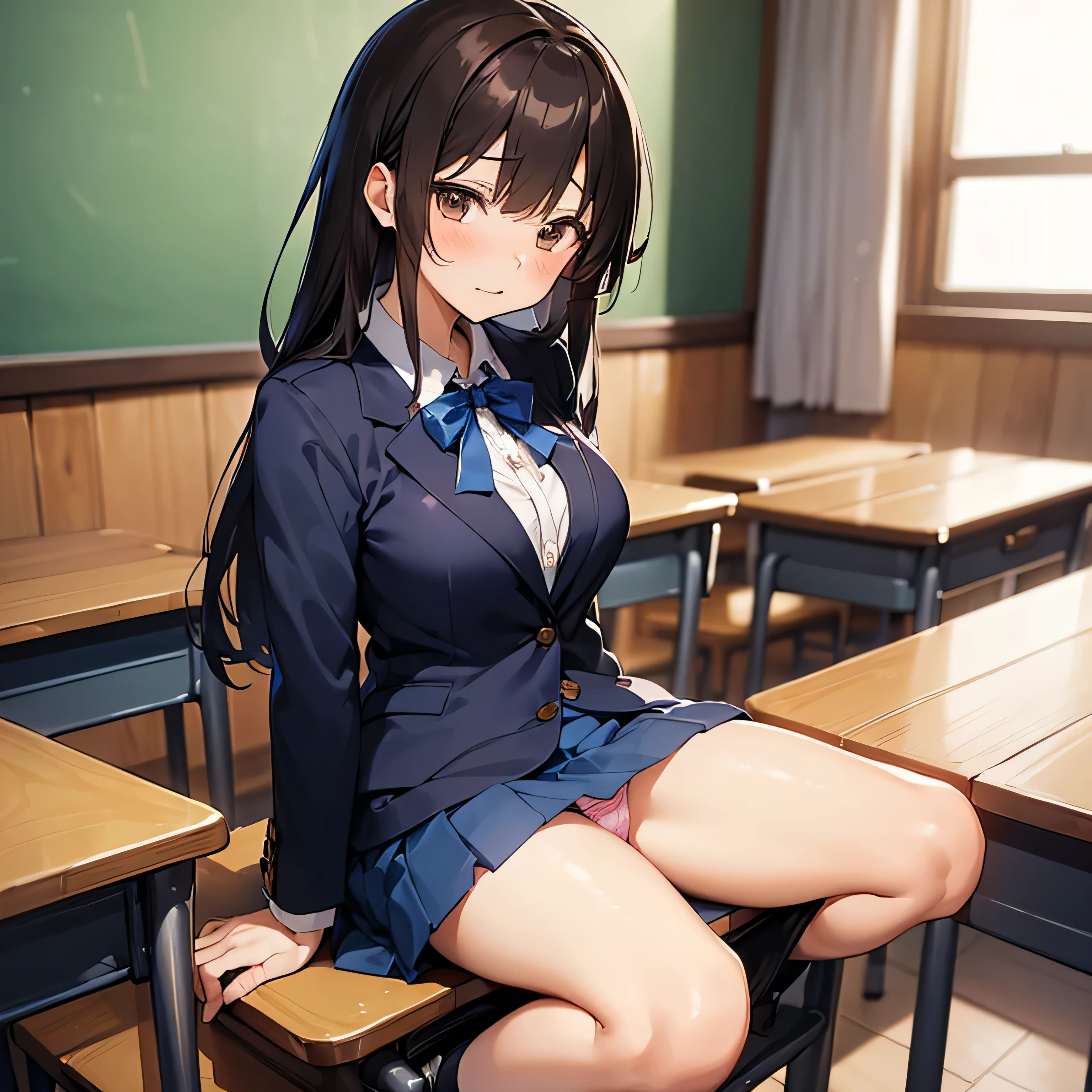 ((((masutepiece, Highest Quality, Best Quality, 1girl in, Solo, Beautiful anime、Detailed picture))))、18year old、A slender、slightly larger breasts、skinny thigh、((dark brown hair、Straight、Longhaire、Brown-eyed、rounded eyes、Clear department、、)),((Classroom))、((Dark blue blazer、Dark blue skirt、School uniform、bow ribbon、lowfers)))、open-shirt、astonished face、astonished face、NSFW、(((Show panties、cute panty、Fluid overflowing from the female genitalia、masturbate、masturbate、masturbate)))、(sit at a wooden desk、Taken from the front with legs spread)、Photo from the knee up、