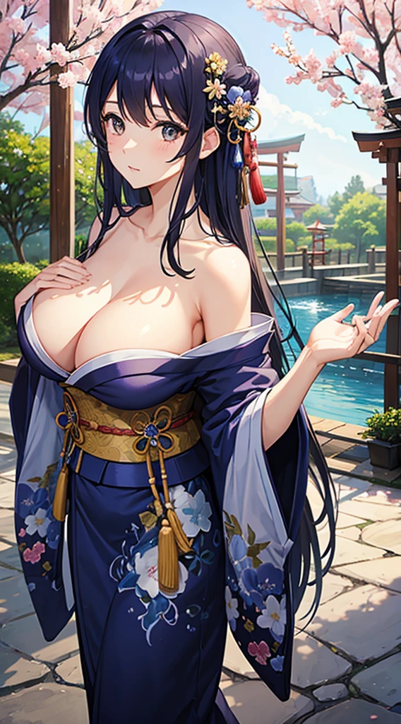 Indigo hair、Brown eyes、Blue kimono、Beautiful woman with big breasts、Japan garden in the background、A slightly fluffy kimono、