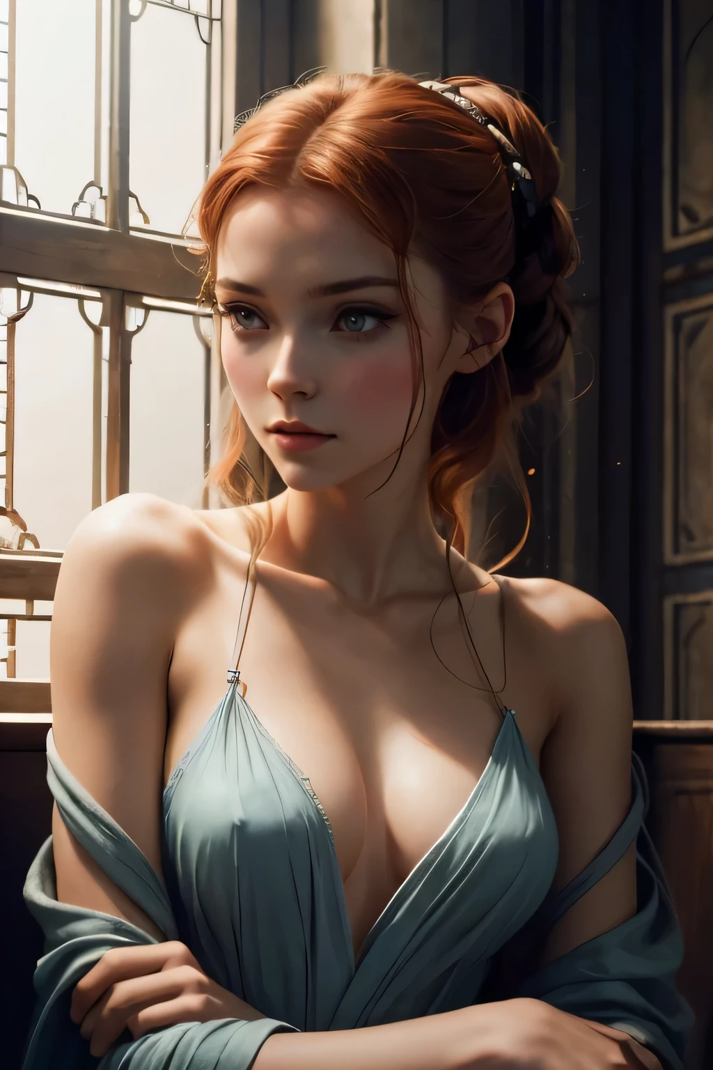 Amélia, sublime fille d'une sénatrice dans l'univers de Star Wars, , cheveux longs auburn, Yeux verts, prostituée, élégante, distingué, habillée d'une robe sexy dans le salon, mange à table de la nourriture qui baigne dans un liquide ressemblant au vin blanc, Pas de sous-vêtements, pose scandaleuse, lascive, Amélia regarde la caméra, honteuse. très détaillé, peinture numérique, ArtStation, Art conceptuel, lisse, mise au point nette, illustration, Illustration par Wlop, Charlie Bowater et Alexandra Fomina. photo en pied.