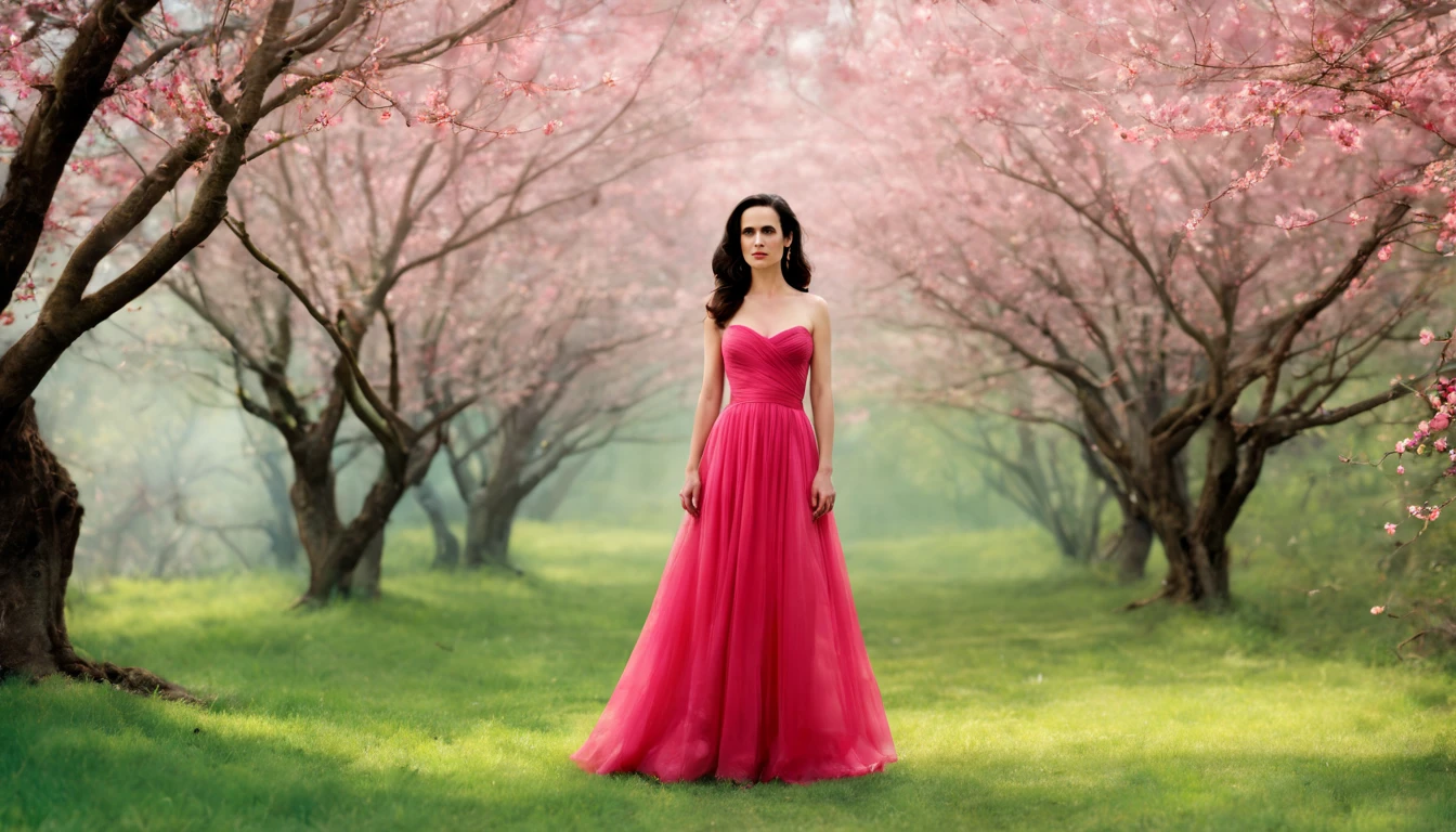 1 girl "Jennifer Connelly com vestido Rosa longo", pintura: Spring is colorful, com uma flor vermelha destacando-se entre as demais. Jardim encantado, fantasy gorgeous lighting, paisagem natural noturna, enchanted magical fantasy forest. Peach Blossom Land, heaven, Jogo CG, Hand Painted Style, 8k, Ultra HD |.