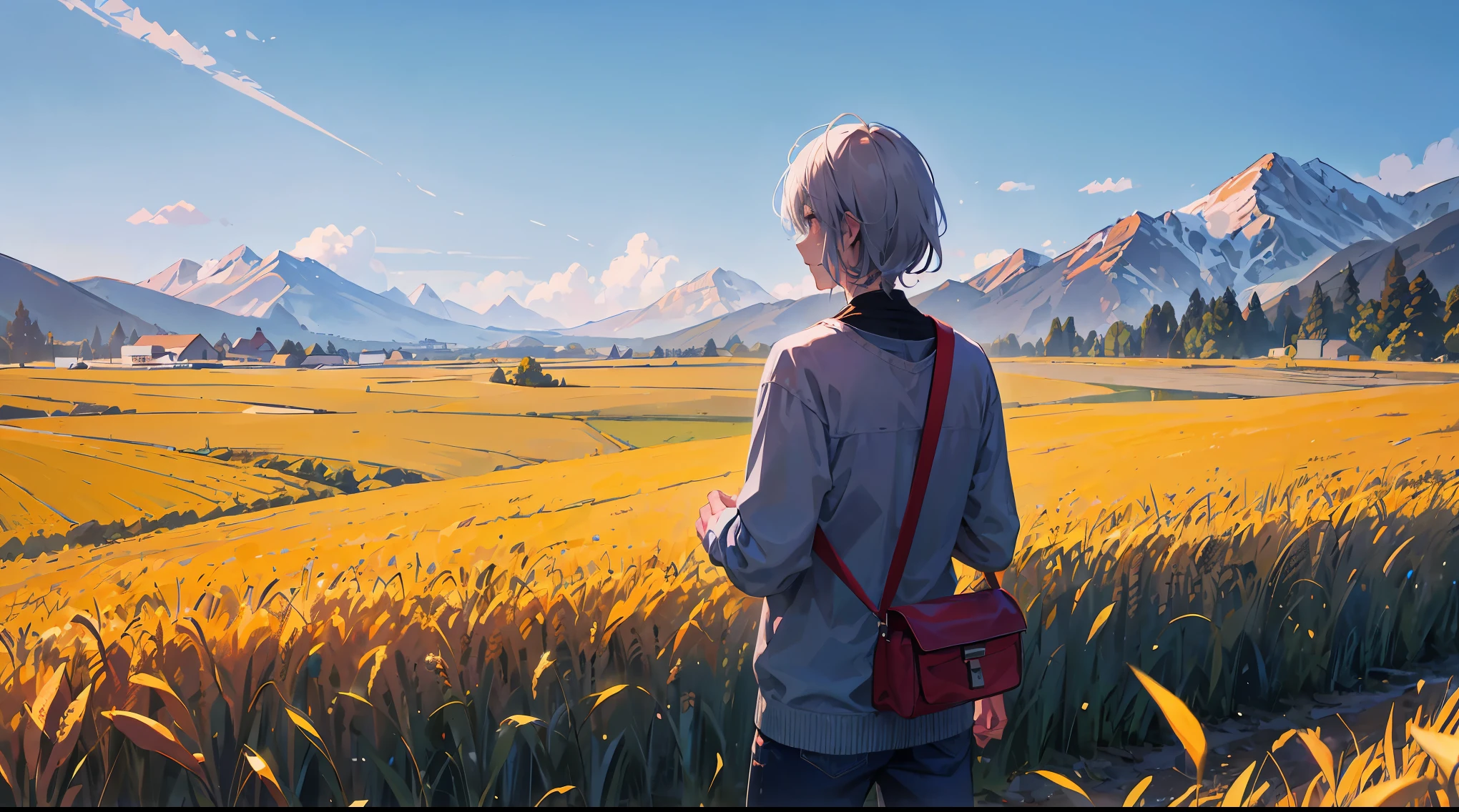 wheat field, mountains, early morning, blue and violet sky, sun, wheat, golden field, anime, single man, facing away, turned back, grey sweater, jeans, ((shoulder bag)), tall, grey hair, bandaged hands, bloody hands, bag on shoulder, aside, signle person, facing away, brown bag