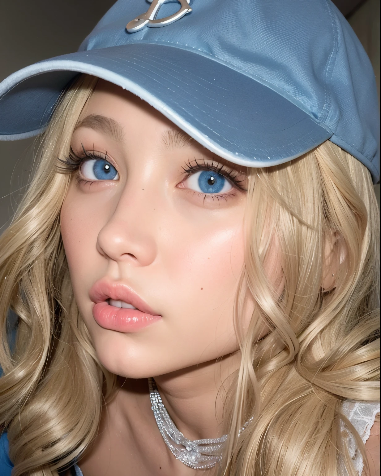 blonde woman in blue hat and blue dress posing for a photo, rosto como ester exposito, hiper-realista , cabelos loiros e olhos grandes, Retrato de Kim Petras, longos cabelos loiros e olhos grandes, long cabelos loiros e olhos grandes, Rosto ultra realistas, accurate Rosto ultra realistas, cara de boneca, Rosto ultra realista, y 2 k aesthetic