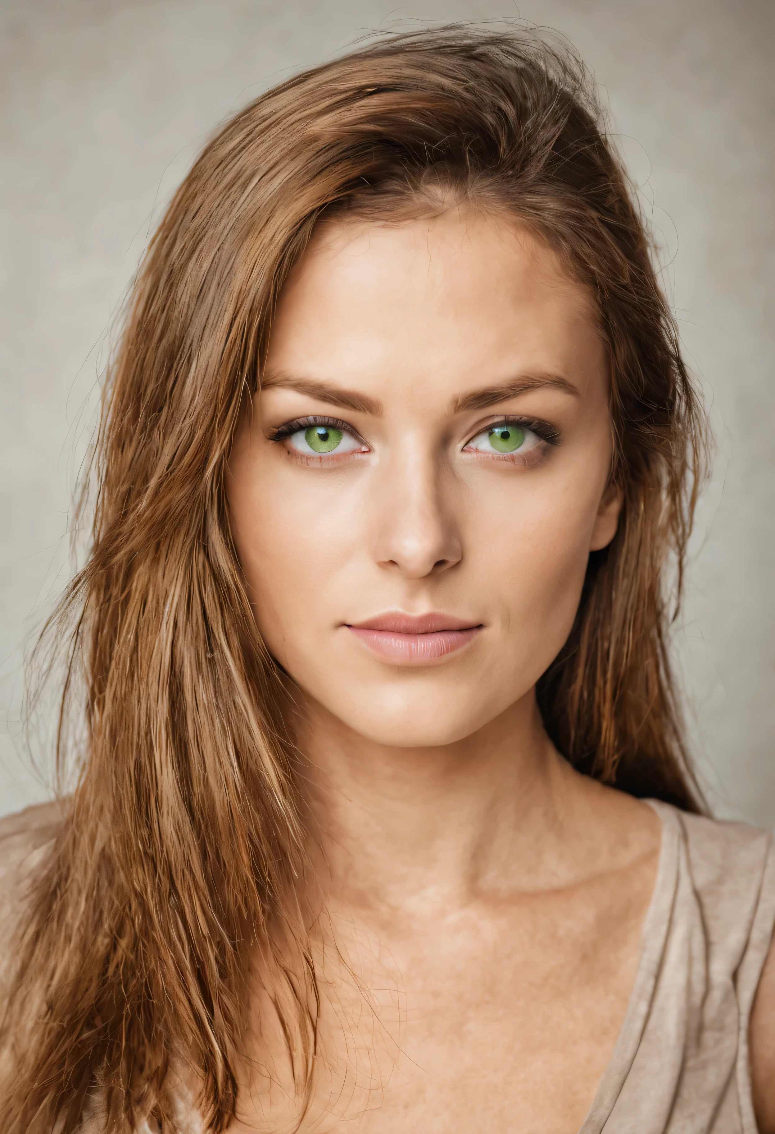 very natural young 30 years old woman face, green eyes light brown hair, front view