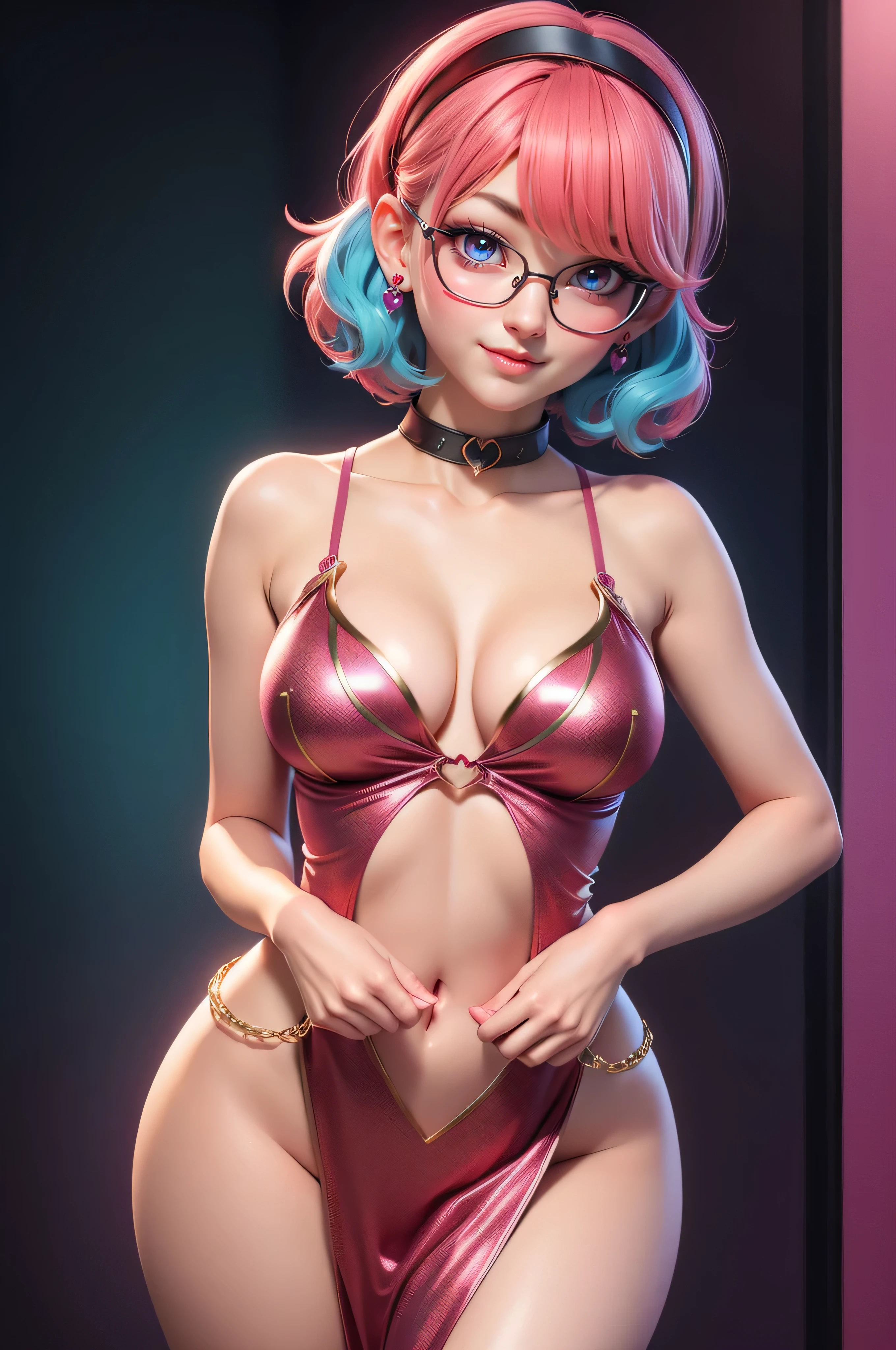 1 kawaii anime girl, nsfw, japanese girl, solo, bright aqua eyes, glasses, eyelids, blush, seductive smile, naughty expression, red lips, cute hair bangs, wavy short hair, bright aqua hair, red rose hairband, heart shape earings, collar, collarbone, , slim waist, navel, natural medium breast, cleavage, navel, flat chest, cleavage, detailed erotic pink color wizard costume, gold and black color ornament on the dress, erotic pose, looking at viewer, flat green background, upper body