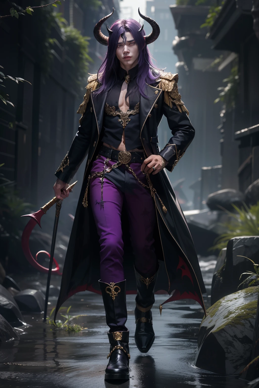 Handsome man, demon, with horns, with purple skin, long hair, rock style, full body, male, 18 years old