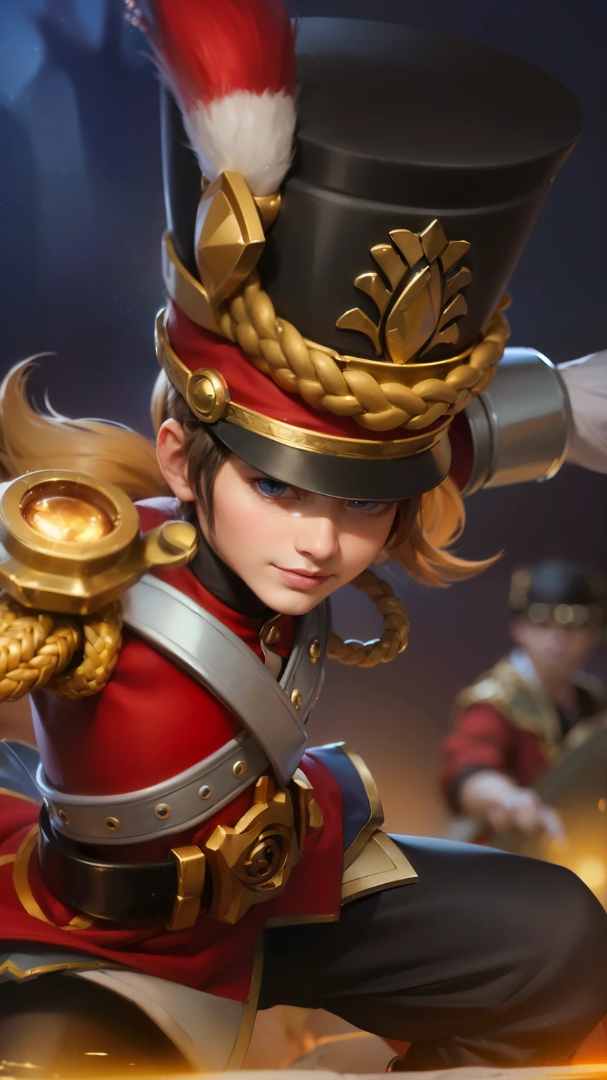 masculine male, masterpiece, ((perfect eyeest quality, (semirealism:1.9), beautiful lighting, (extremely detailed CG unity 4k fhd wallpaper), High Detail, Sharp focus, dramatic outdoors, 1 boy ,19 years old, blue hair, light purpel eyes, smile, a close up of a person with a hat and a sword, ashe, leblanc, rin, tane skin, orianna, range murata and artgerm, zenra taliyah, roguish smirk, vivy, ezreal (league of legends, charming sly smile, youthful taliyah, smirking male bard, kda, mobile legends,realistic, high quality, 8k, brown hair.