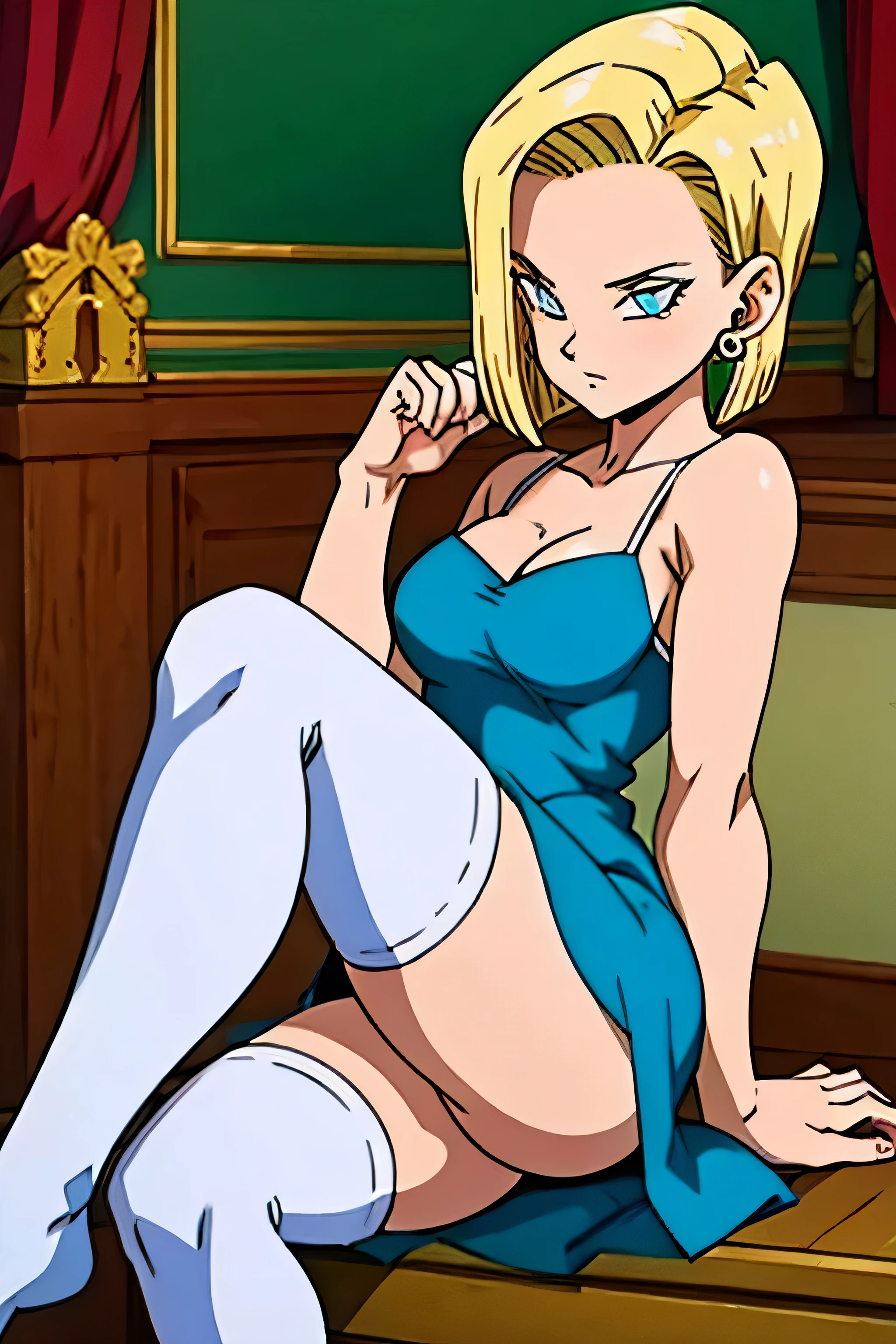 Android18, 1girl, solamente, Looking_en_espectador, corto_cabello, cerrado_boca, azul_ojos, rubio_cabello, Medio_senos, muslosaltos, vestido mini flores blancas, cabeza_reposo, brazo_apoyo, escote, Muslos, Pendientes , dentro, with a corto flowered dress, very corto, corto dress, mostrando el culo en tanga, muy sexy (SIN MEDIAS), Show loot , Backwards